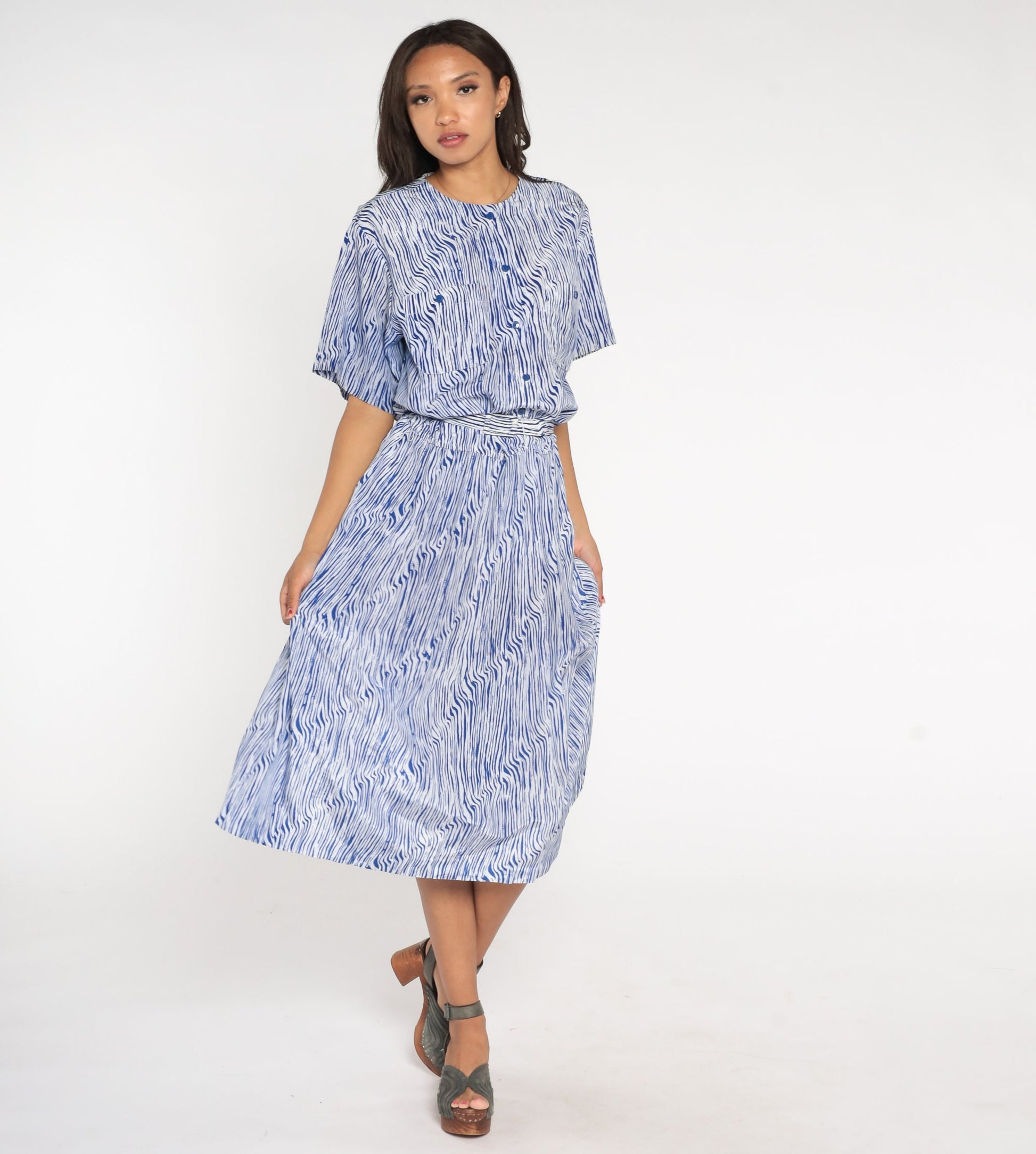 80s Blue White Striped Midi Shirtwaist Dress High Waisted Belted Large L