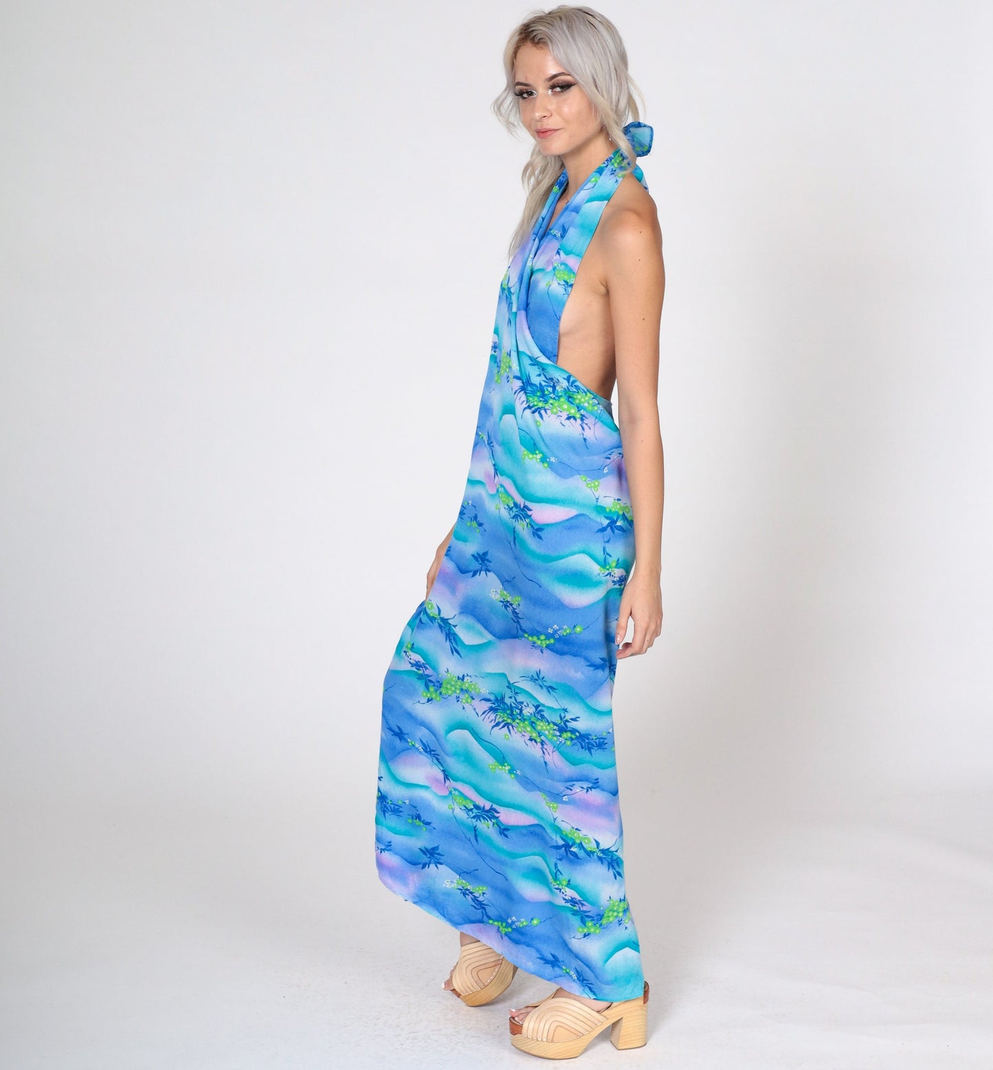 70s Blue Floral Halter Wrap Dress V-Neck Maxi Sundress Small Medium