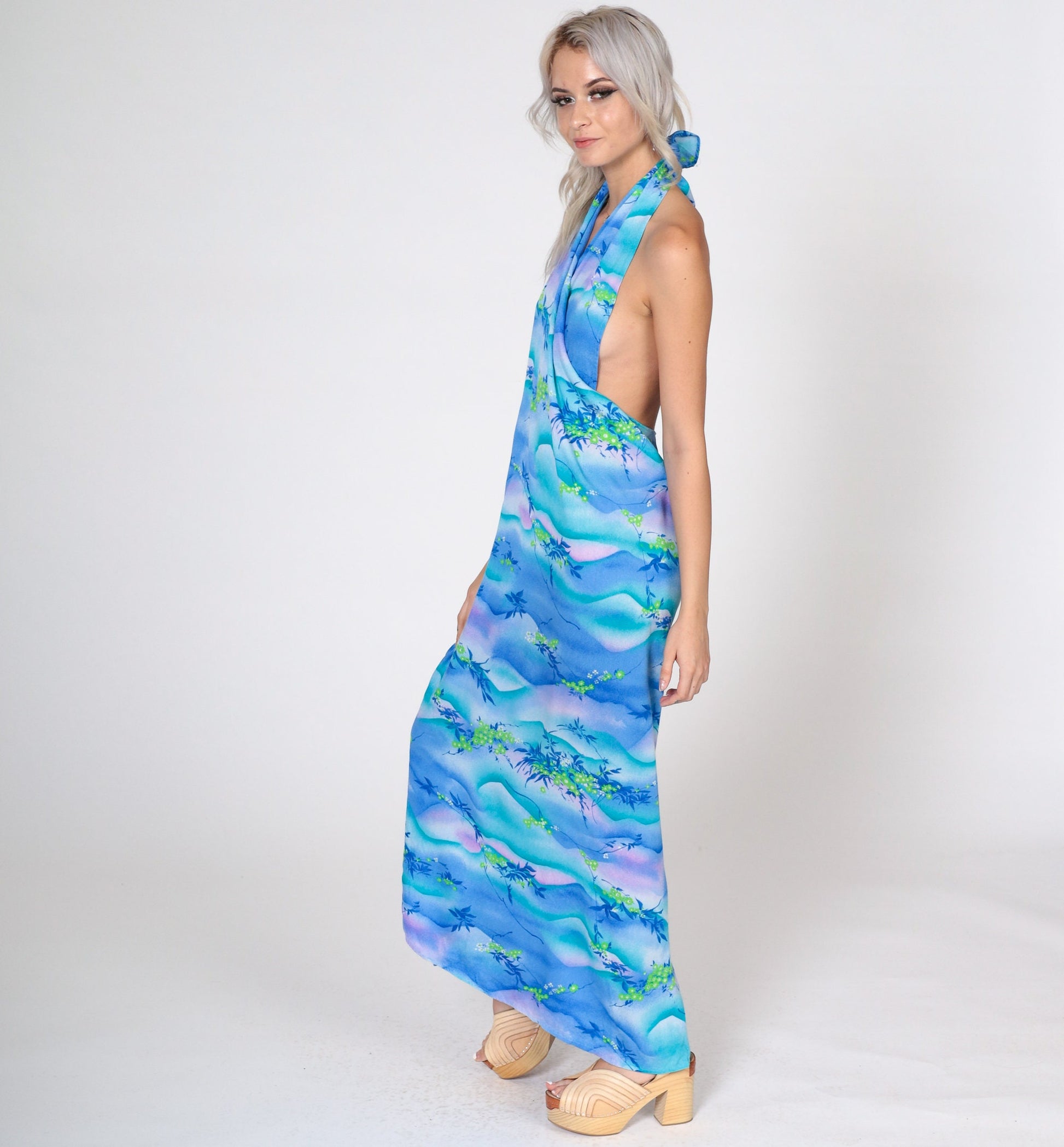 70s Blue Floral Halter Wrap Dress V-Neck Maxi Sundress Small Medium