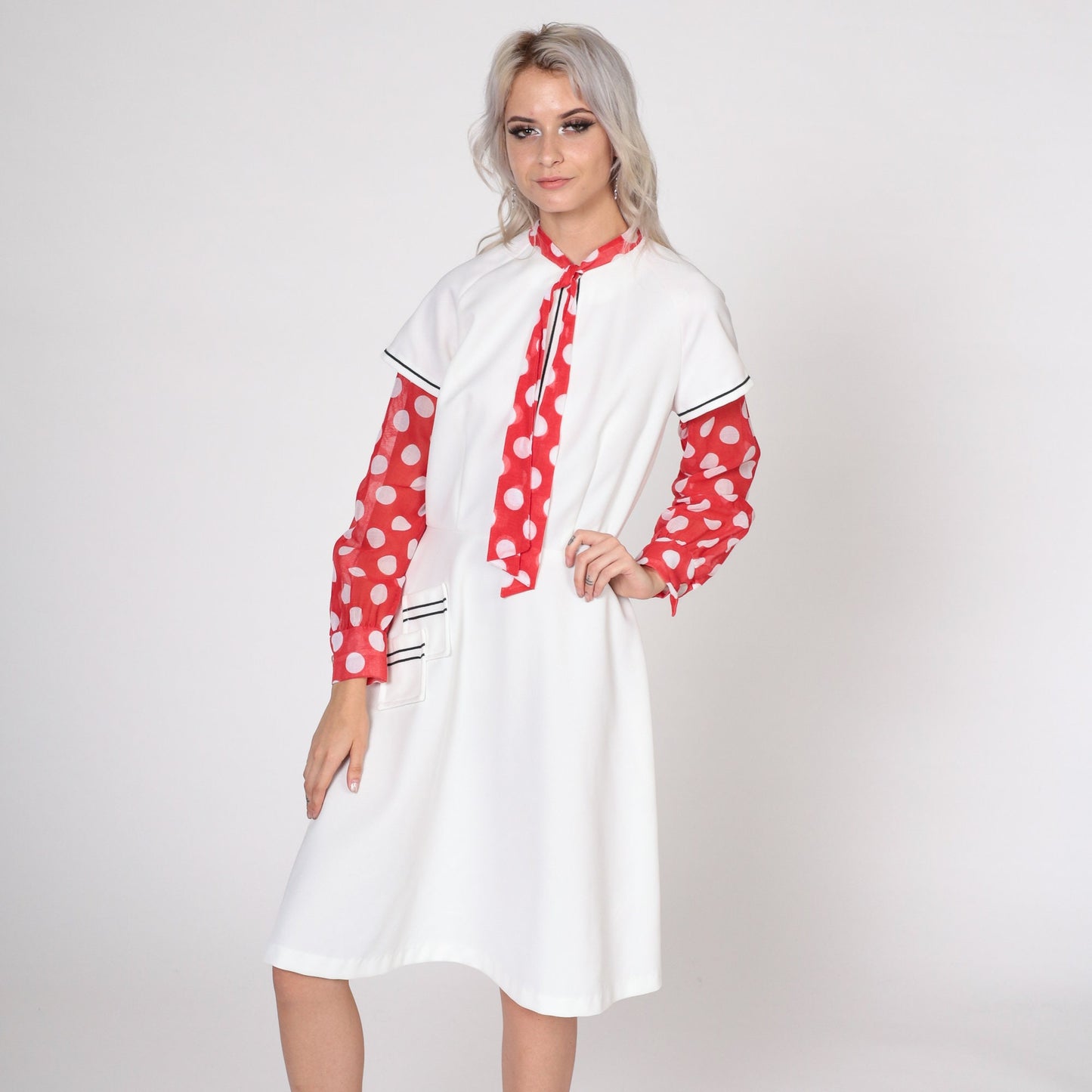 70s Mod Ascot Dress White Polka Dot High Waist Midi Long Sleeve Small
