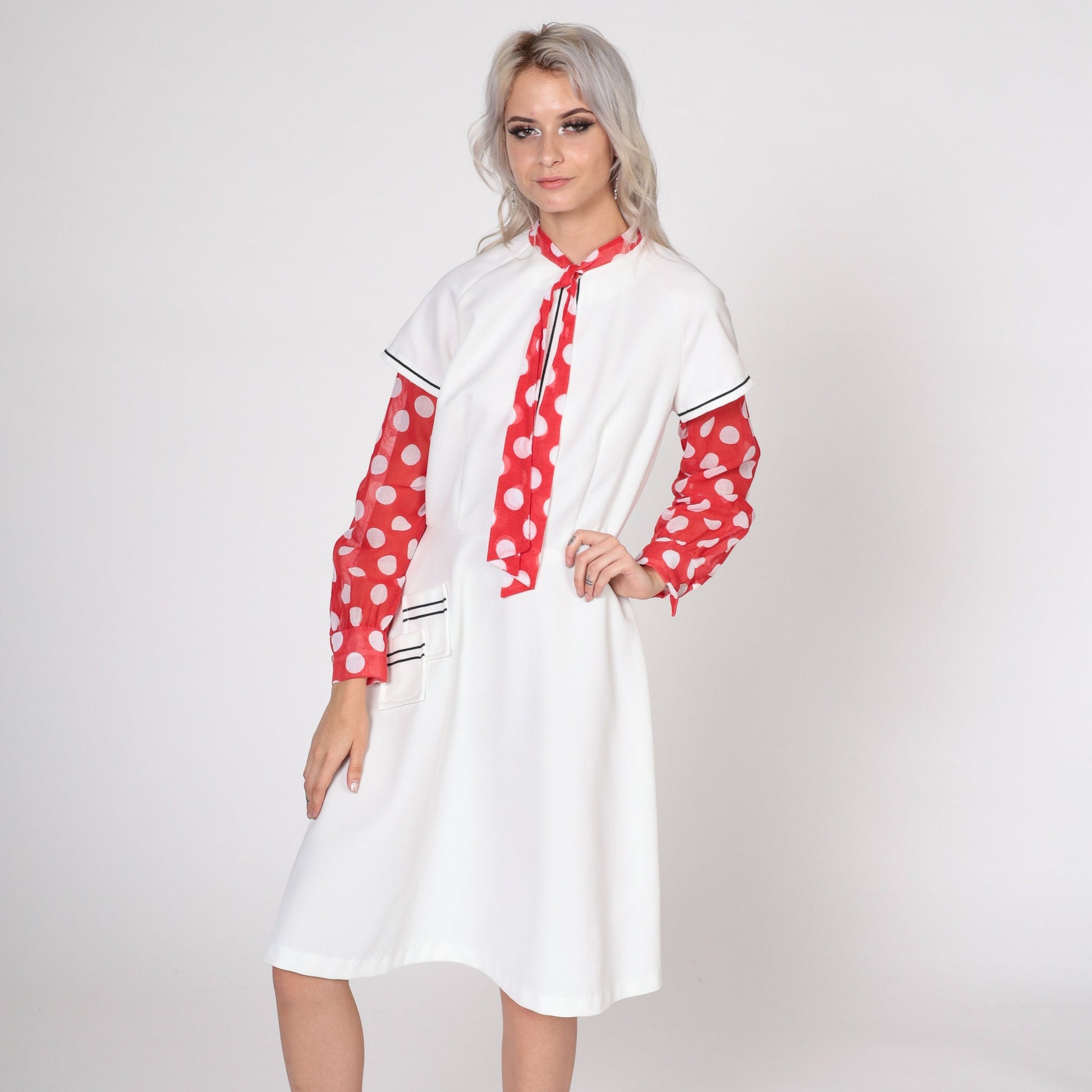 70s Mod Ascot Dress White Polka Dot High Waist Midi Long Sleeve Small