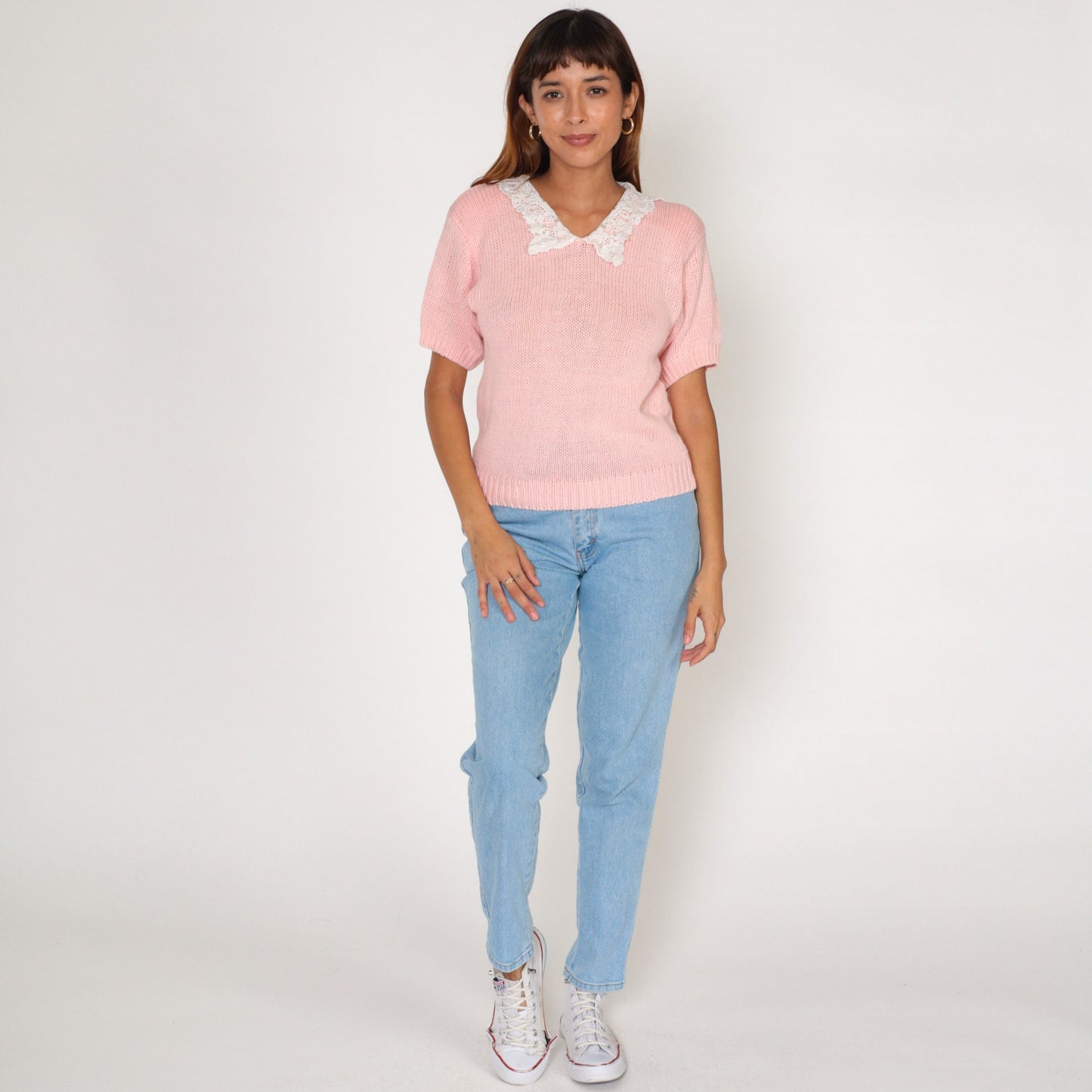 90s Baby Pink Knit Top Lace Granny Collar Short Sleeve Small