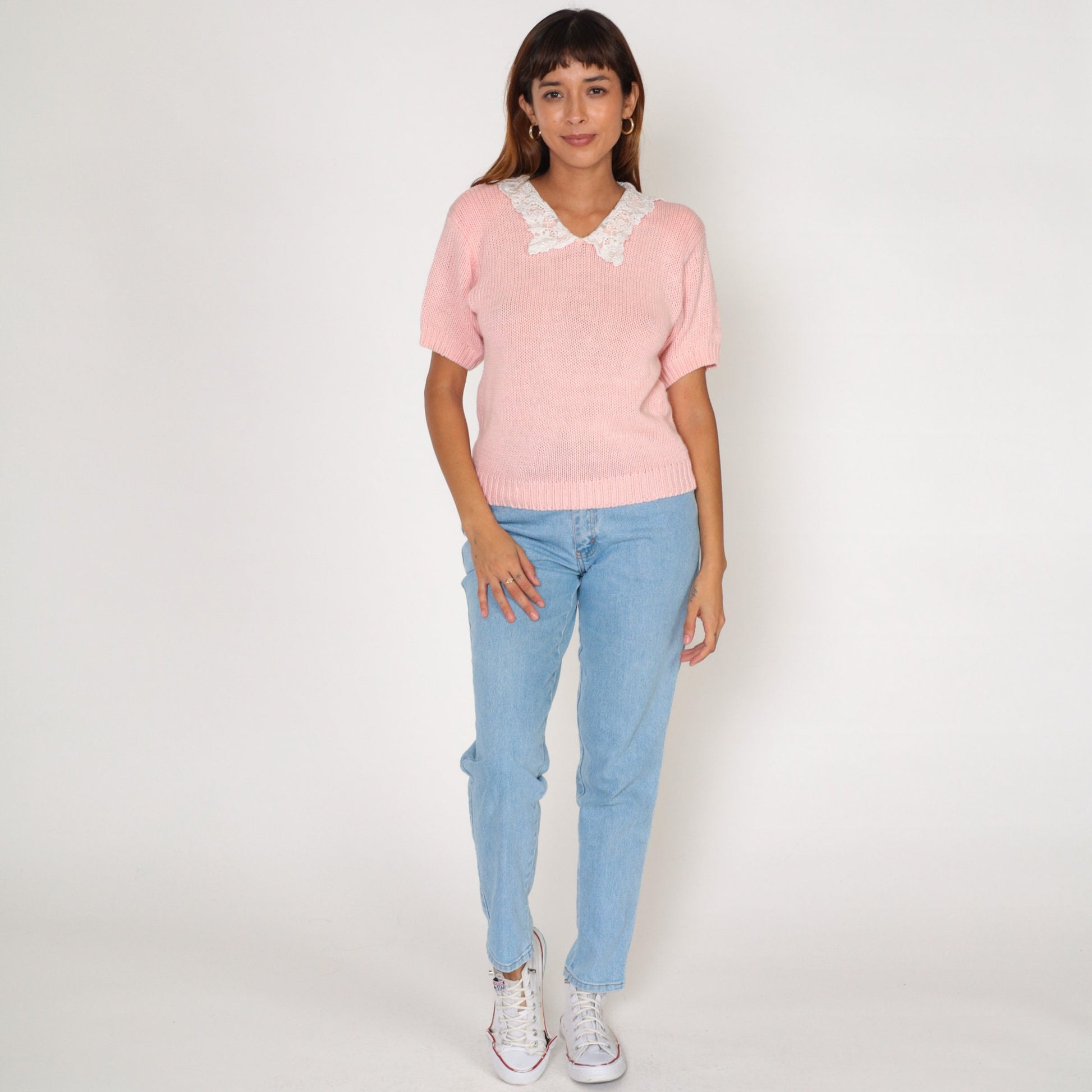 90s Baby Pink Knit Top Lace Granny Collar Short Sleeve Small