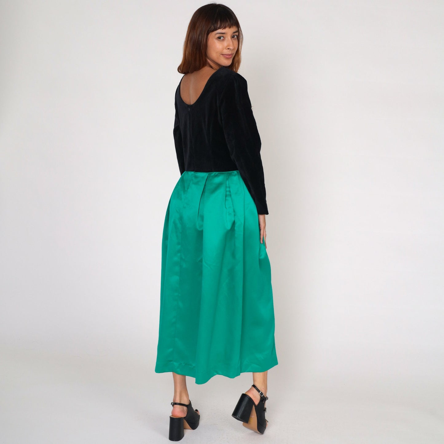 80s Susan Bristol Velvet Maxi Dress Black Green Basque Waist Long Sleeve Medium