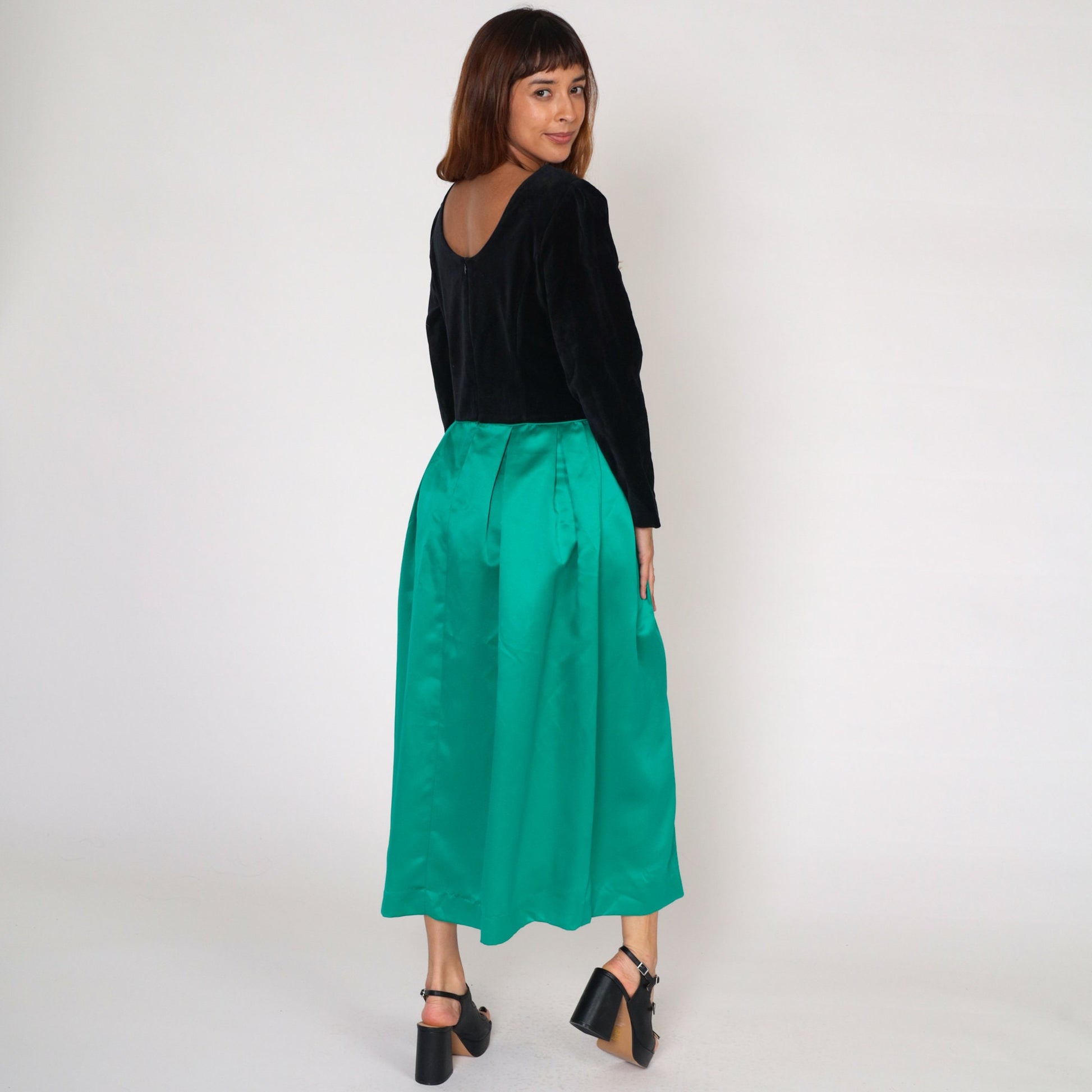 80s Susan Bristol Velvet Maxi Dress Black Green Basque Waist Long Sleeve Medium
