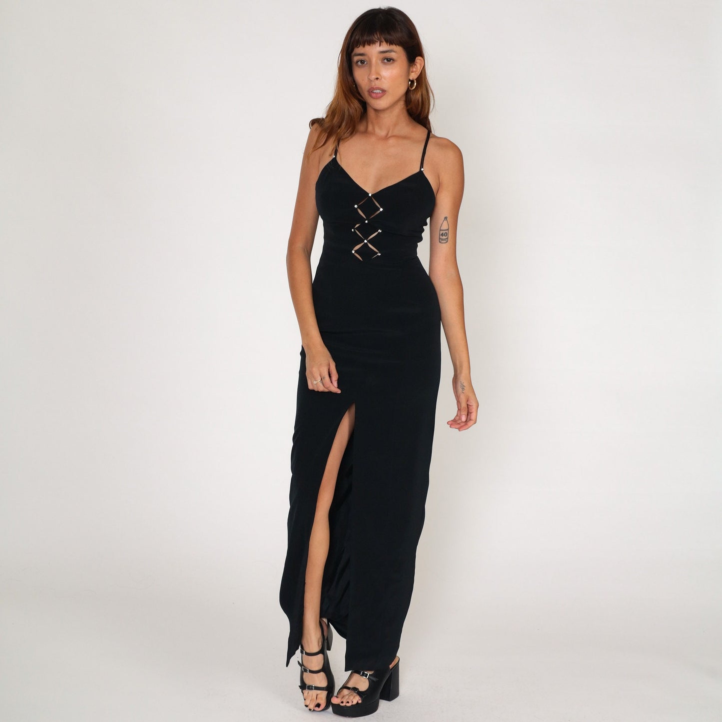 90s Black Maxi Dress Rhinestone Cutout High Slit Sleeveless Evening Gown Extra Small XS