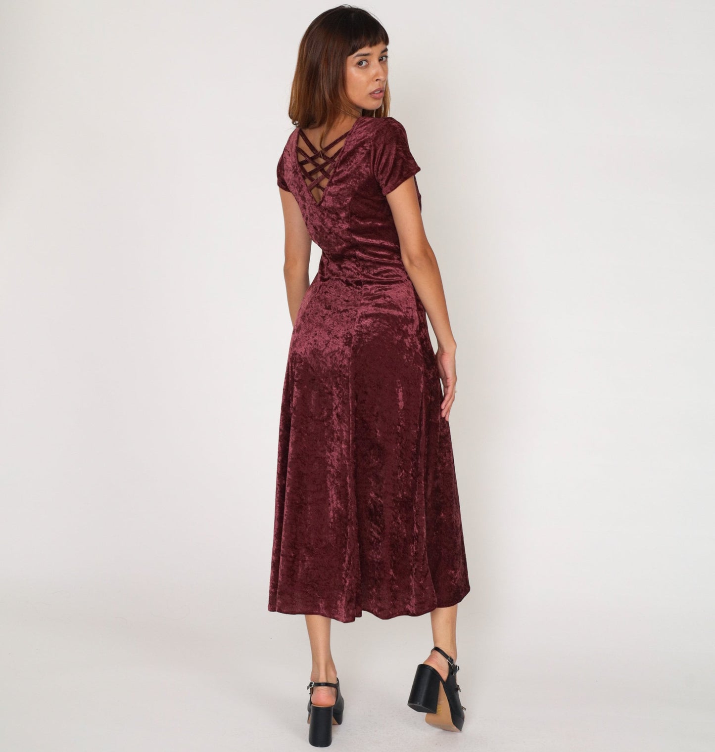 90s Maroon Velvet Maxi Dress Short Sleeve Strappy Back Small S