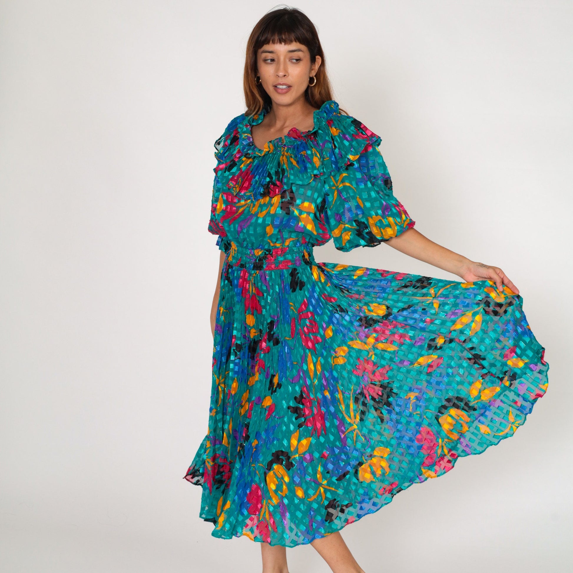 80s Green Floral Midi Dress High Waisted Ruffled Neckline Pleated Small