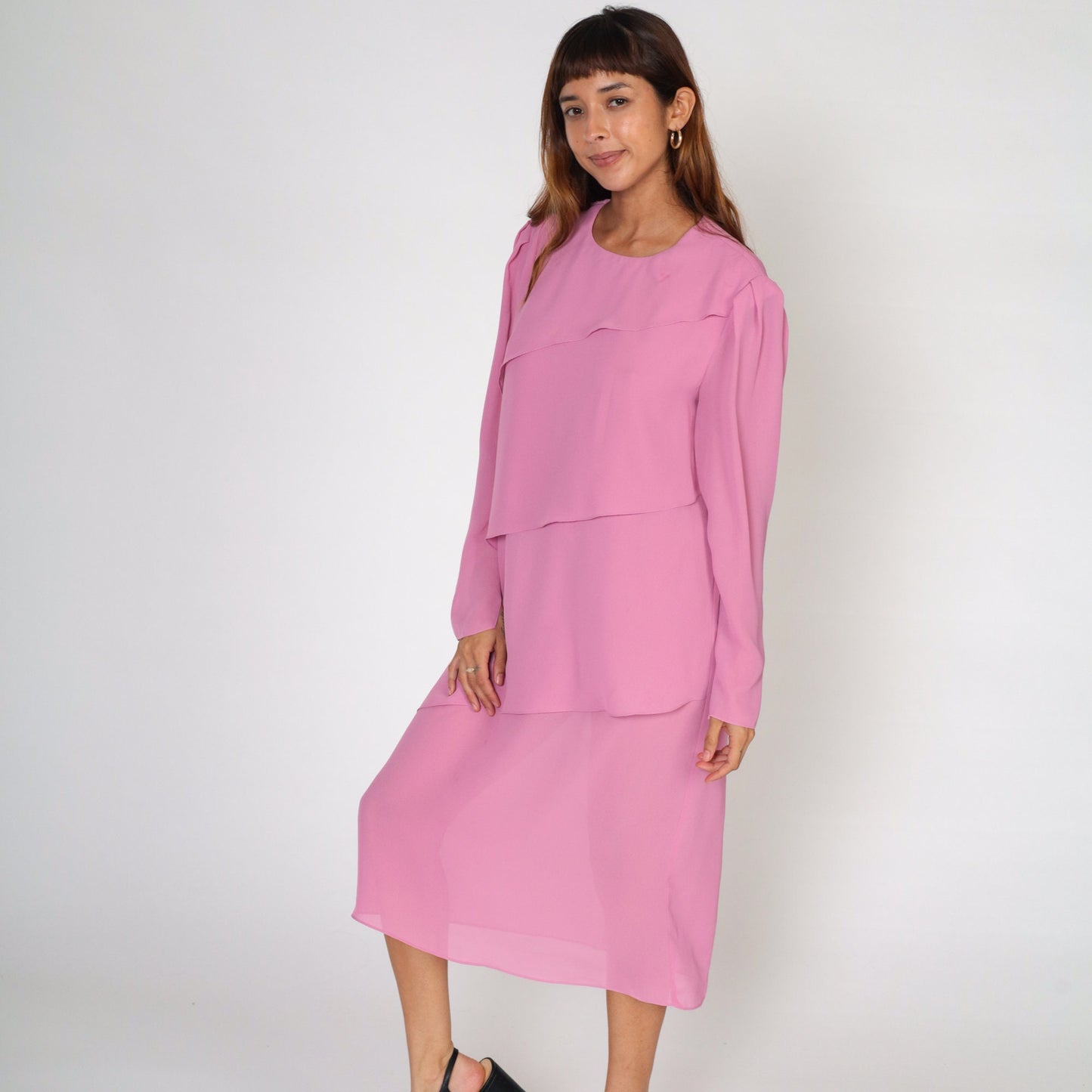 70s Pink Midi Dress Puff Sleeve Bias Cut Layered Draped Medium Large