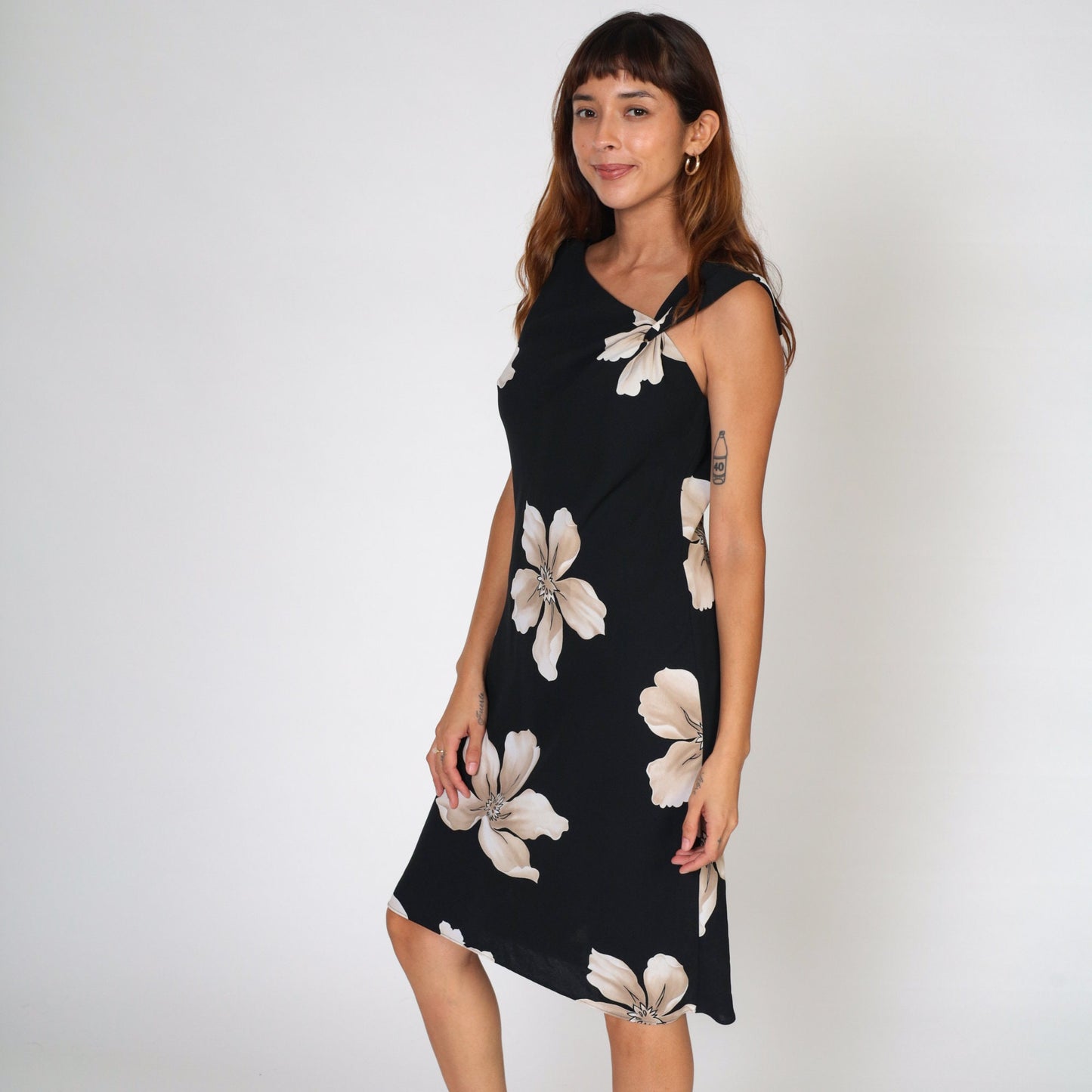 90s Black Floral Dress Asymmetrical Neckline Sleeveless Knee Length Large L