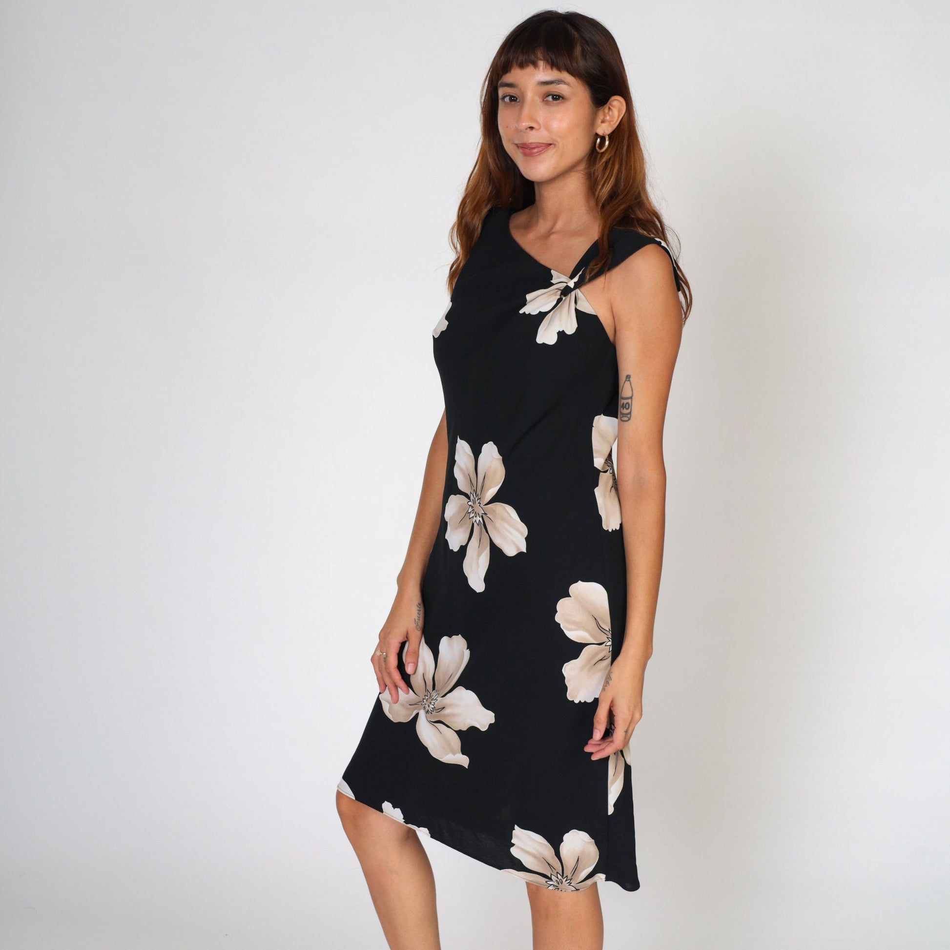 90s Black Floral Dress Asymmetrical Neckline Sleeveless Knee Length Large L