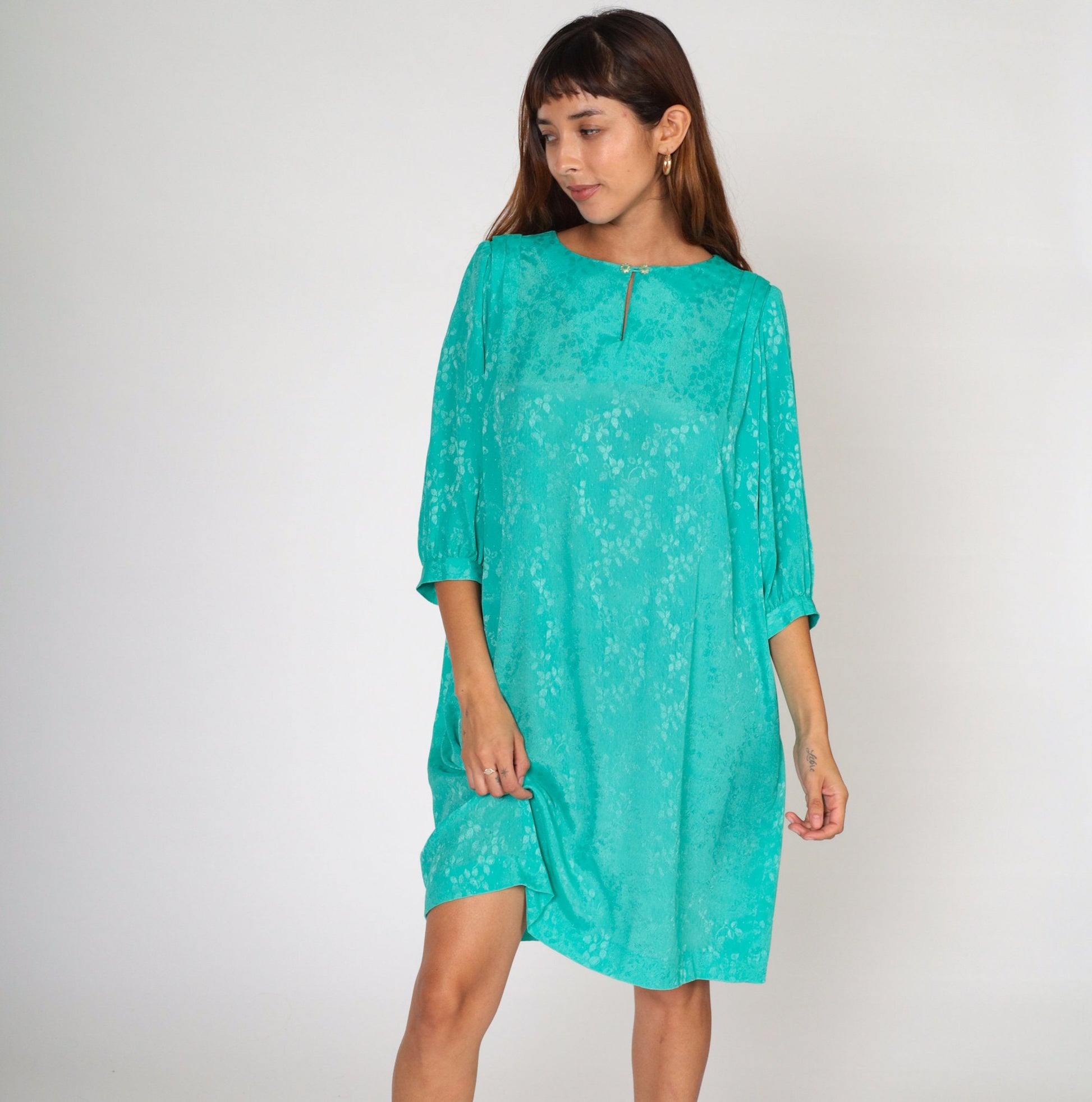 80s Green Embossed Leaf Mini Dress Puff Sleeve Pleated Shift Extra Large XXL