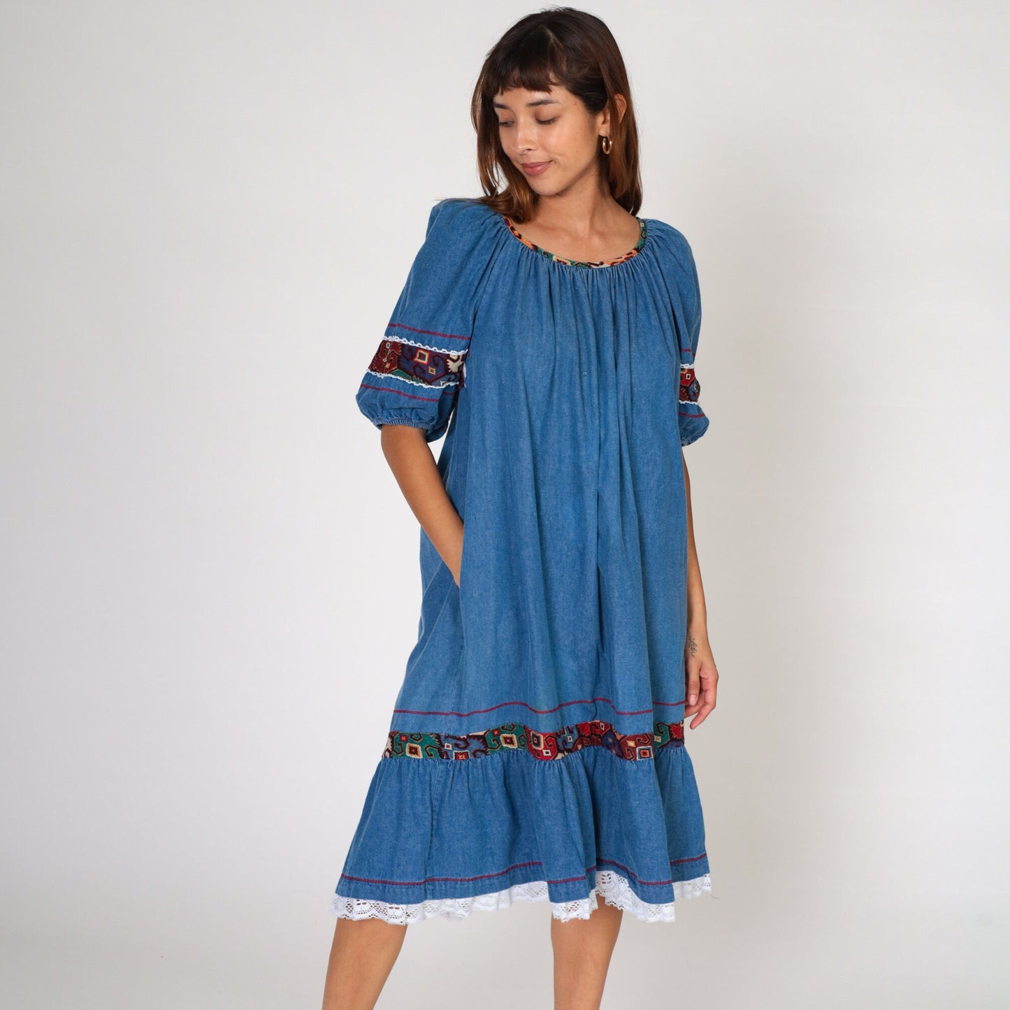 80s Appel Denim Midi Dress Puff Sleeve Southwestern Lace Trim Blue Medium