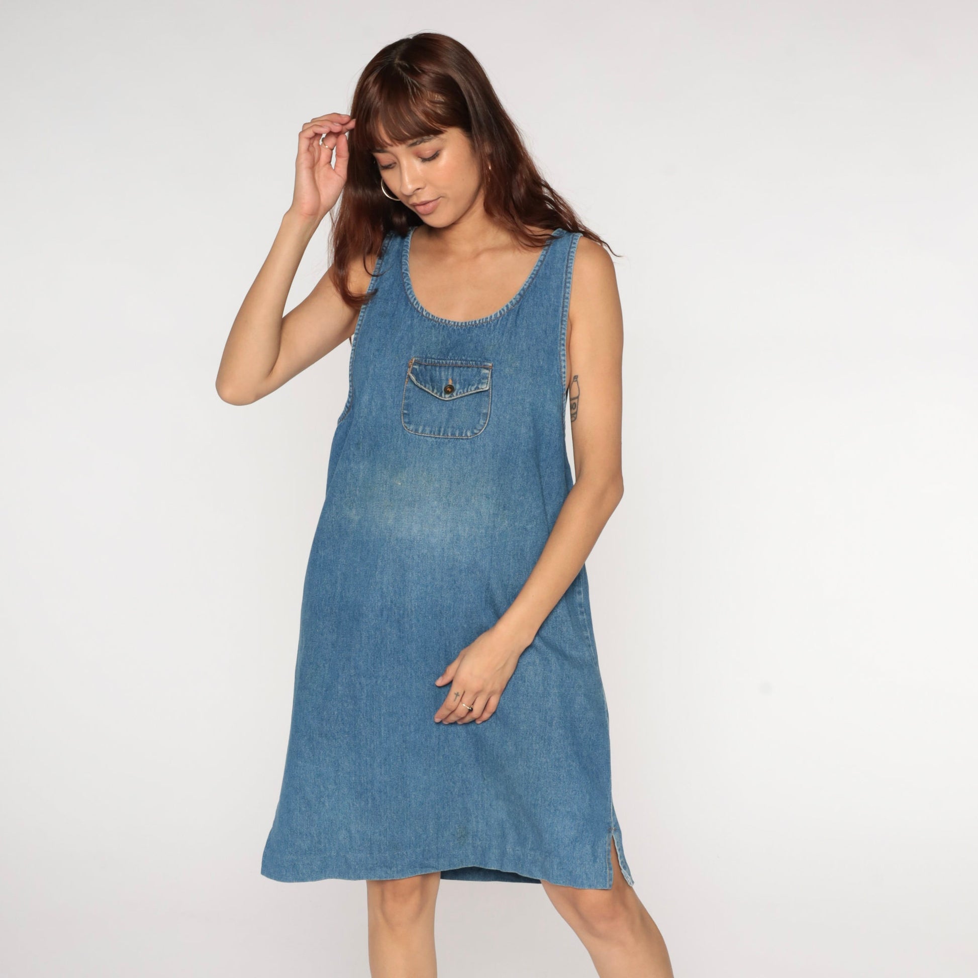 90s Blue Denim Jumper Dress Mini Length Chest Pocket Sleeveless Large