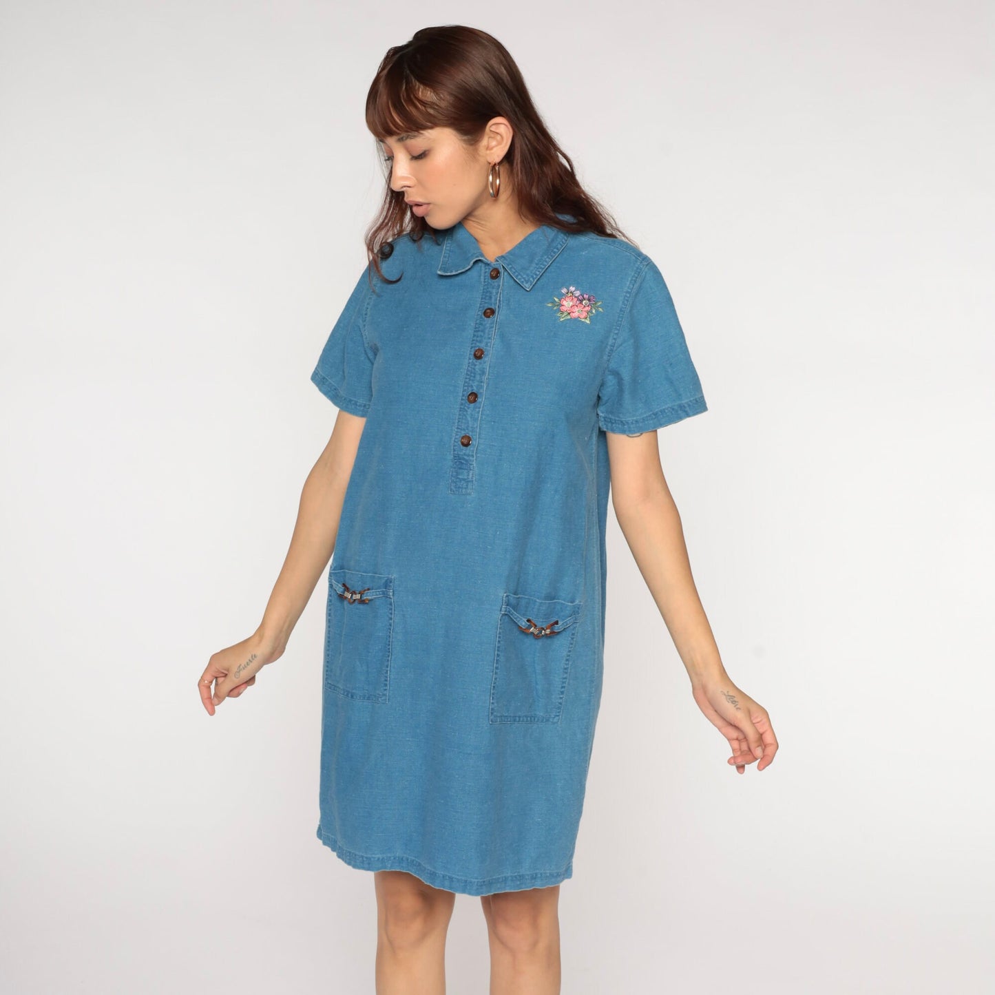 90s Blue Chambray Mini Dress Floral Embroidered Button Up Short Sleeve Medium