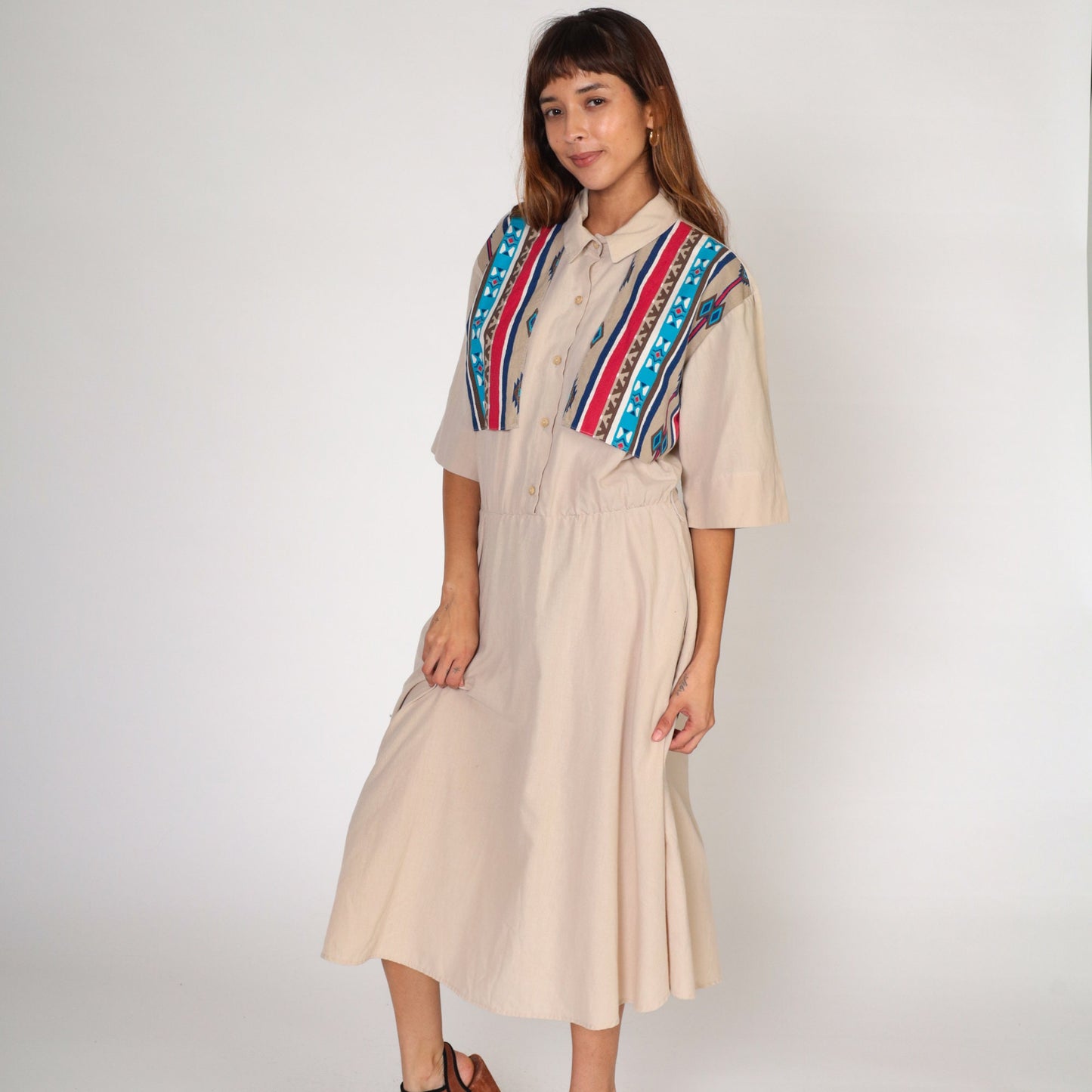 90s Southwestern Tan Midi Dress Button-Up High Waisted Pockets Large L