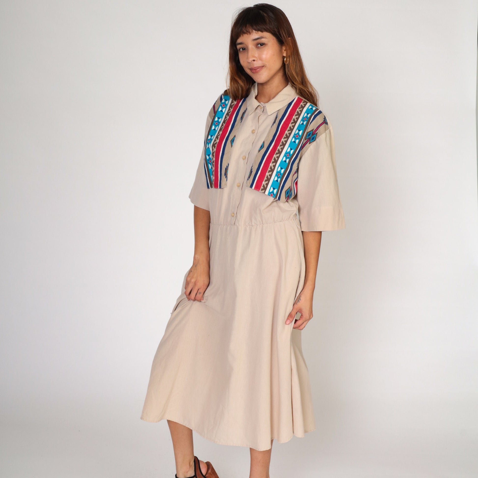 90s Southwestern Tan Midi Dress Button-Up High Waisted Pockets Large L