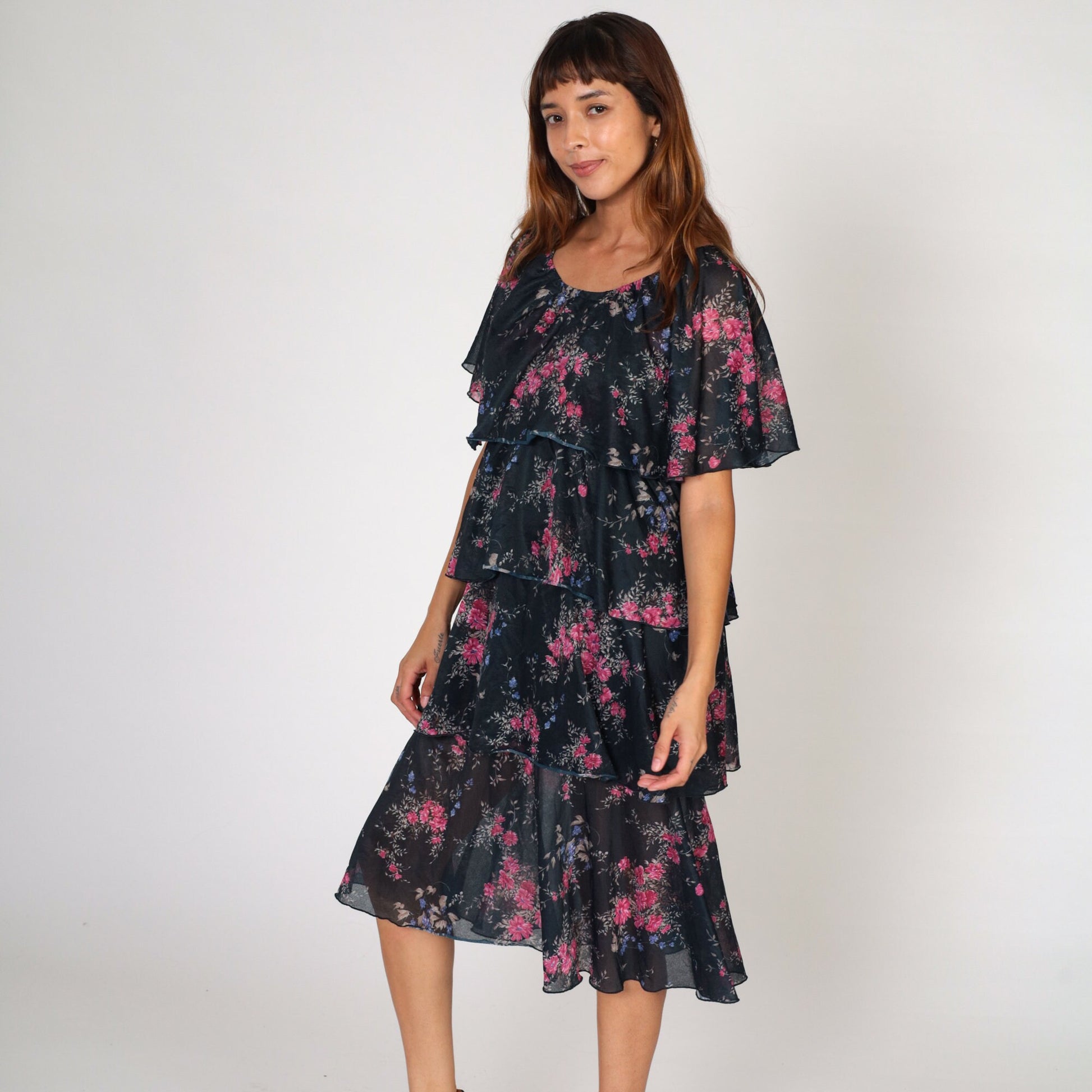 70s Black Floral Tiered Midi Dress Cape Flutter Sleeve Medium Large