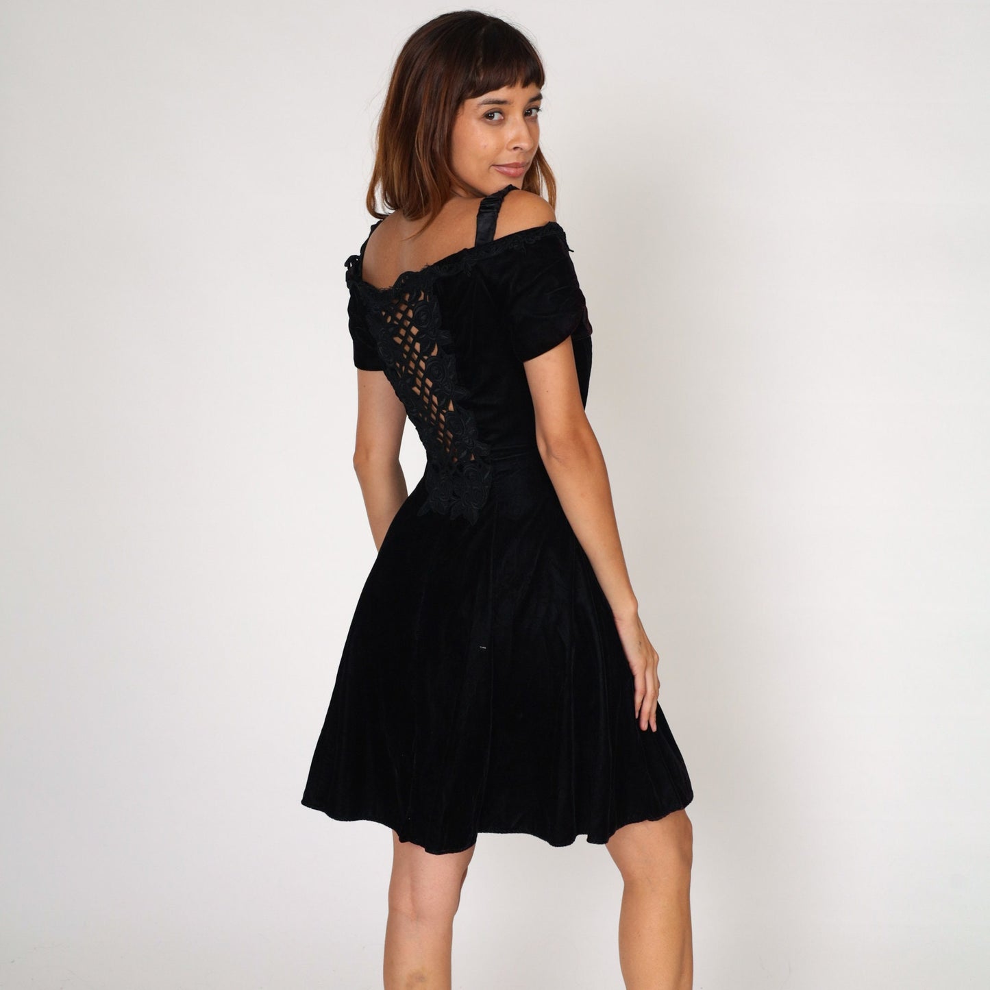 90s Scott McClintock Black Velvet Mini Dress Off-Shoulder Cutout Small