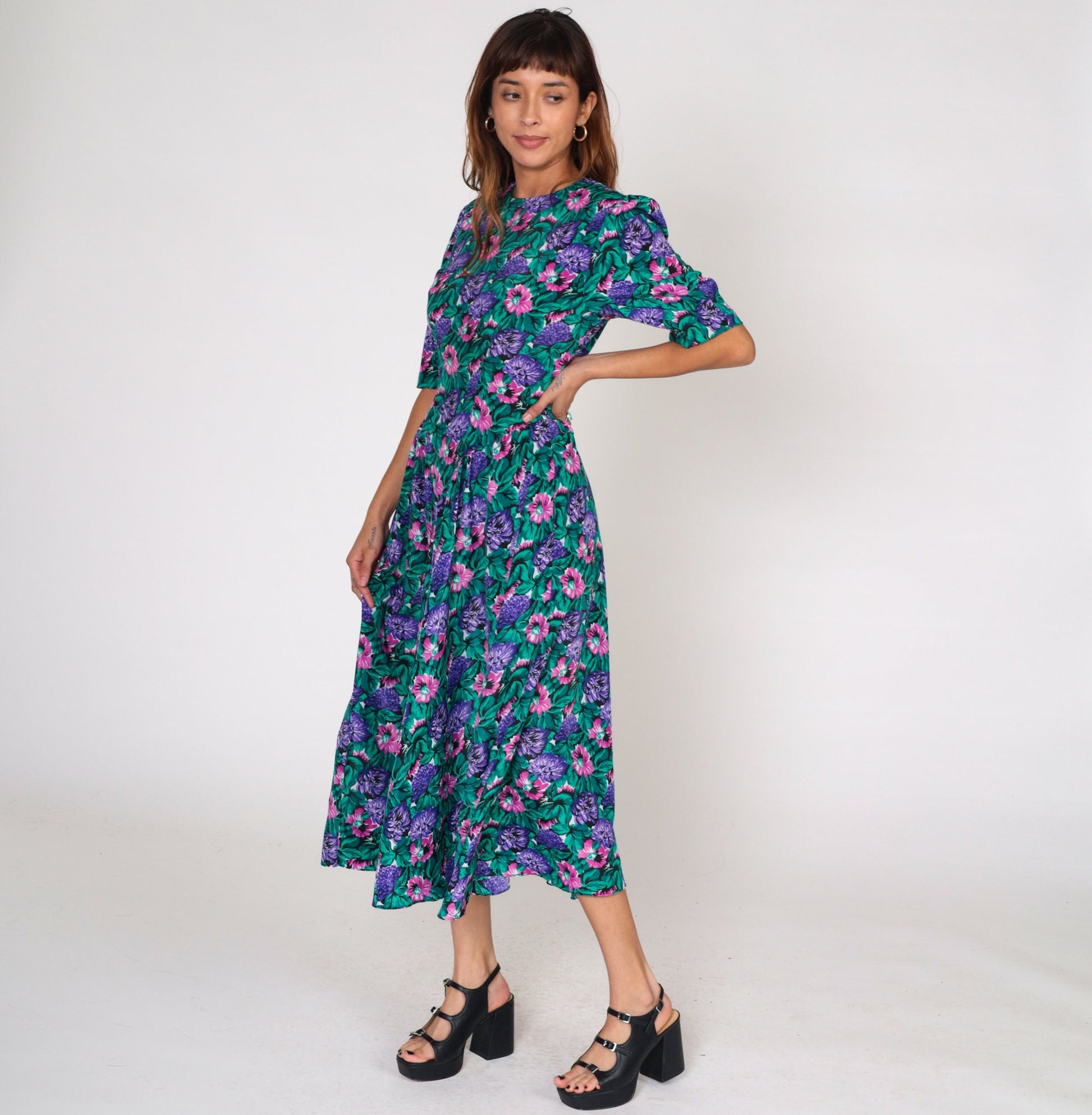 80s Floral Midi Dress Puff Sleeve Basque Waist Pink Purple Green Small