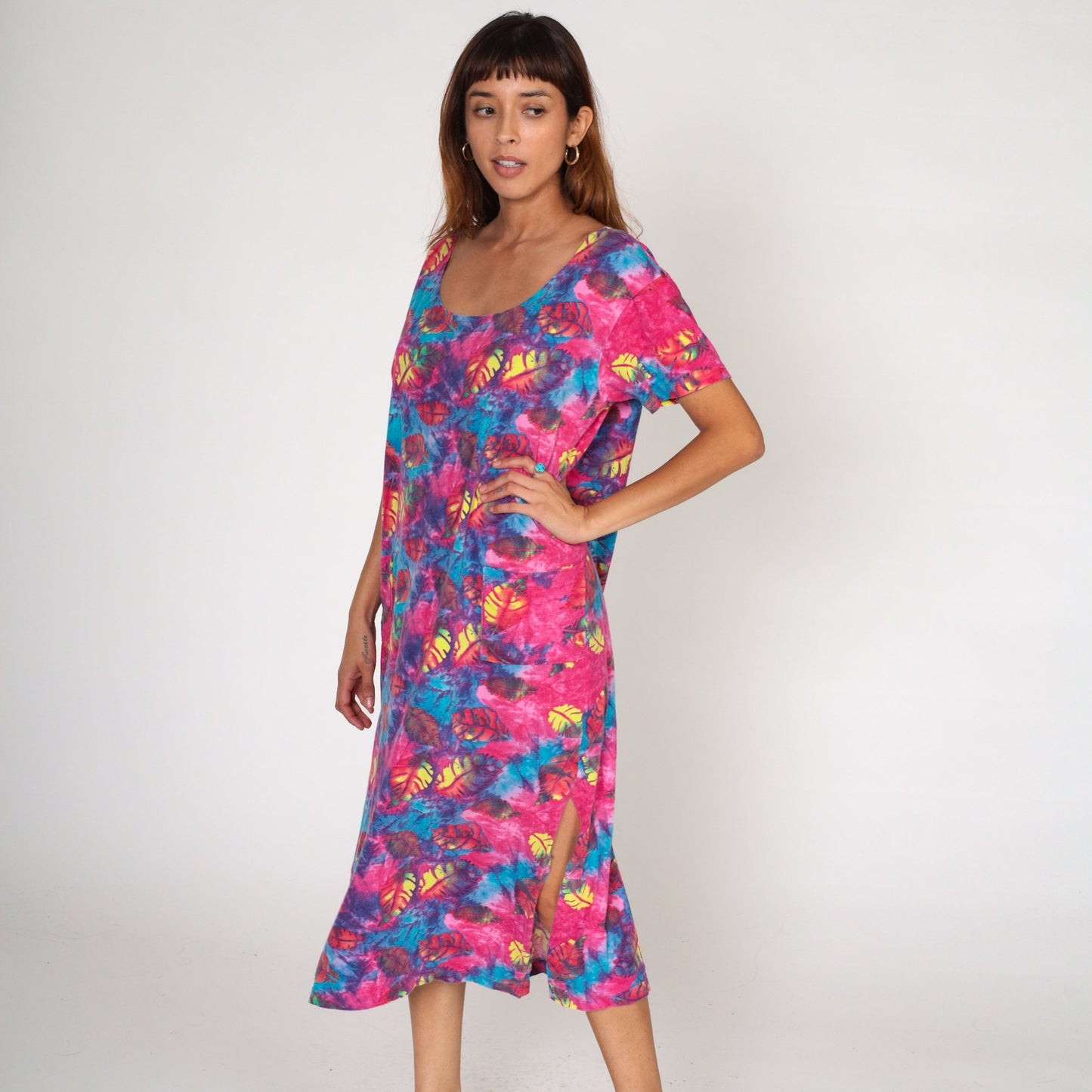 90s Tie Dye Leaf Print T-Shirt Dress Shift Cut Pockets Large