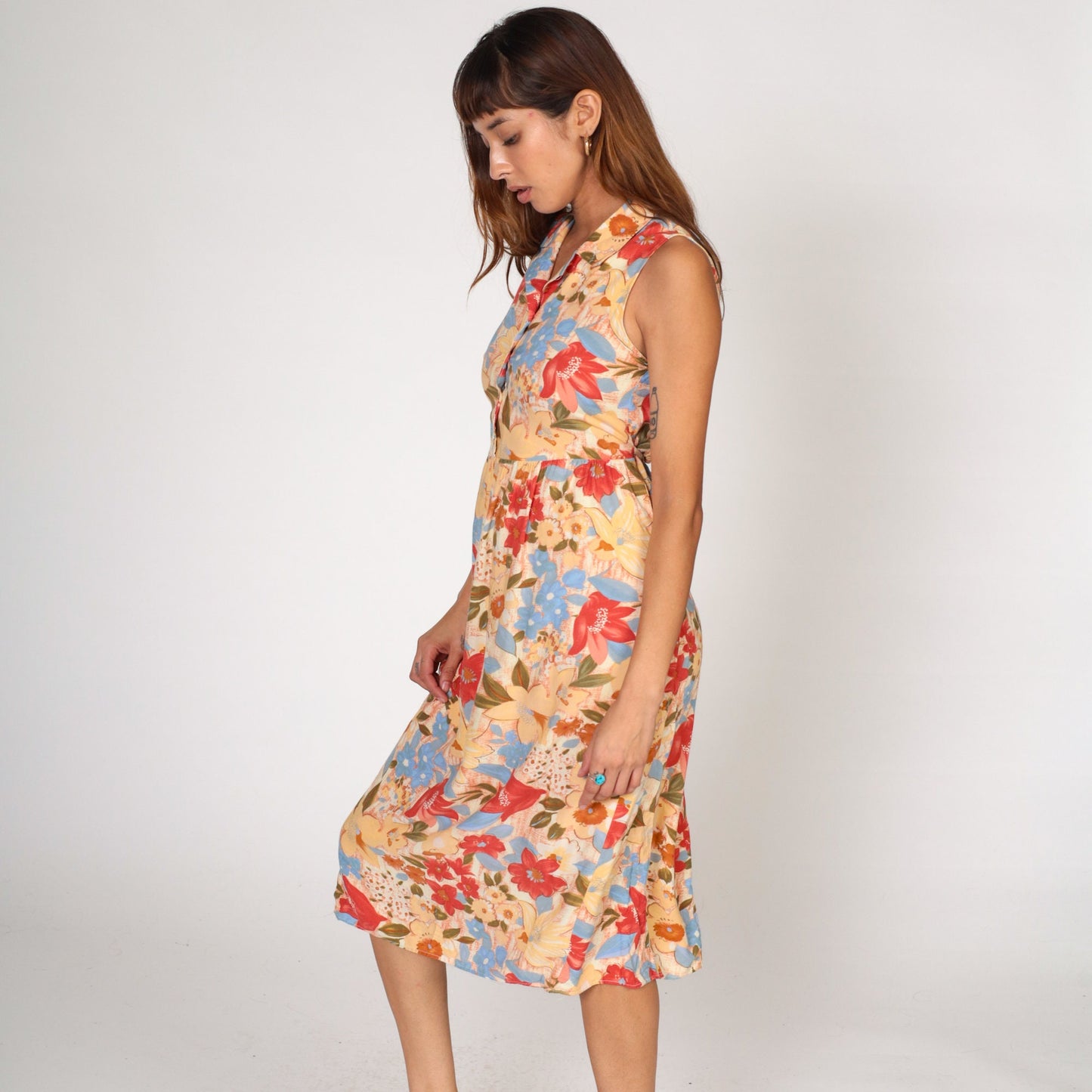 90s Floral Button-Up Midi Dress Sleeveless High Waist Red Yellow Blue Small