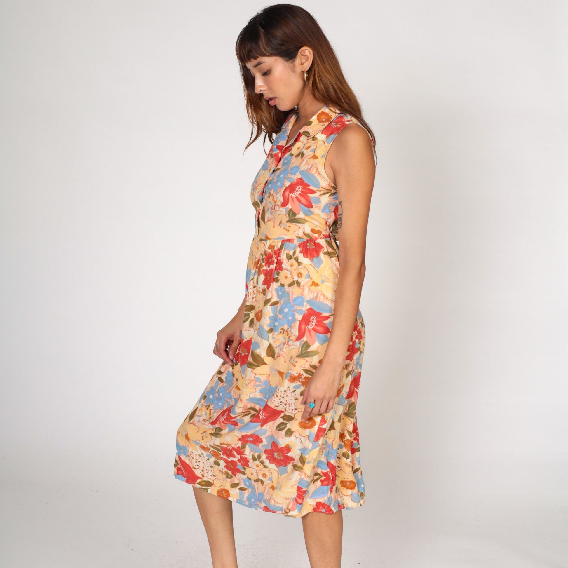 90s Floral Button-Up Midi Dress Sleeveless High Waist Red Yellow Blue Small