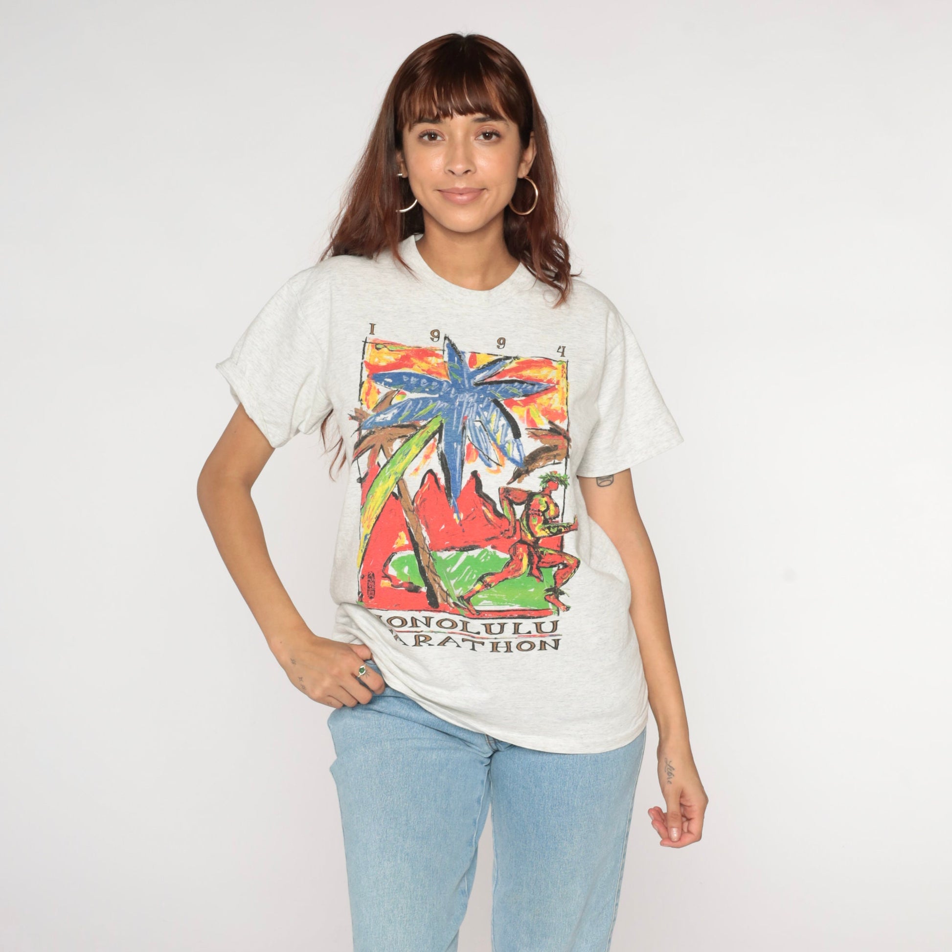 1994 Honolulu Marathon Graphic Tee 90s Hawaii Running T-Shirt Heather Grey Small