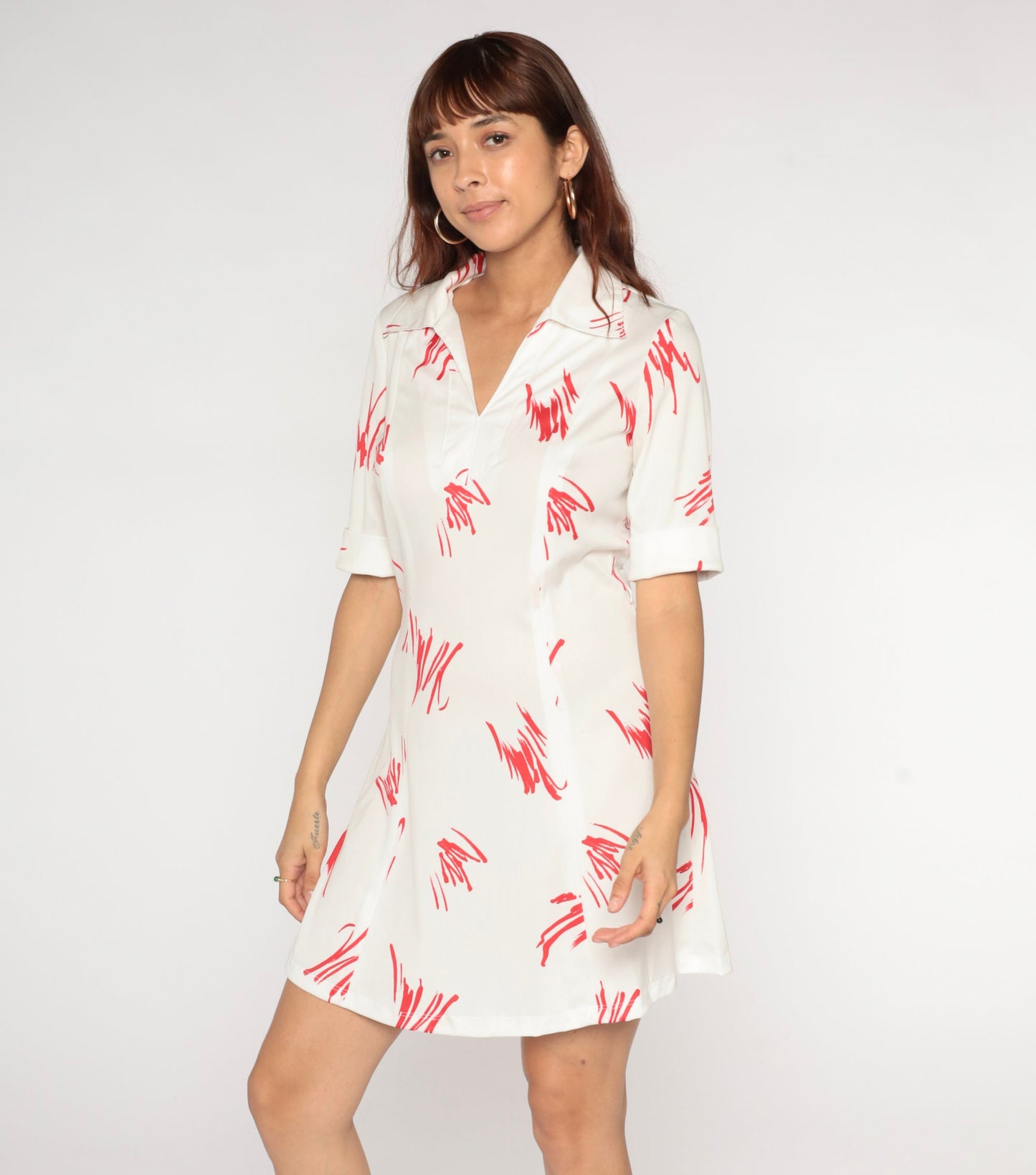 70s Mini Dress White Red Brushstroke Shift V-Neck Short Sleeve Small S