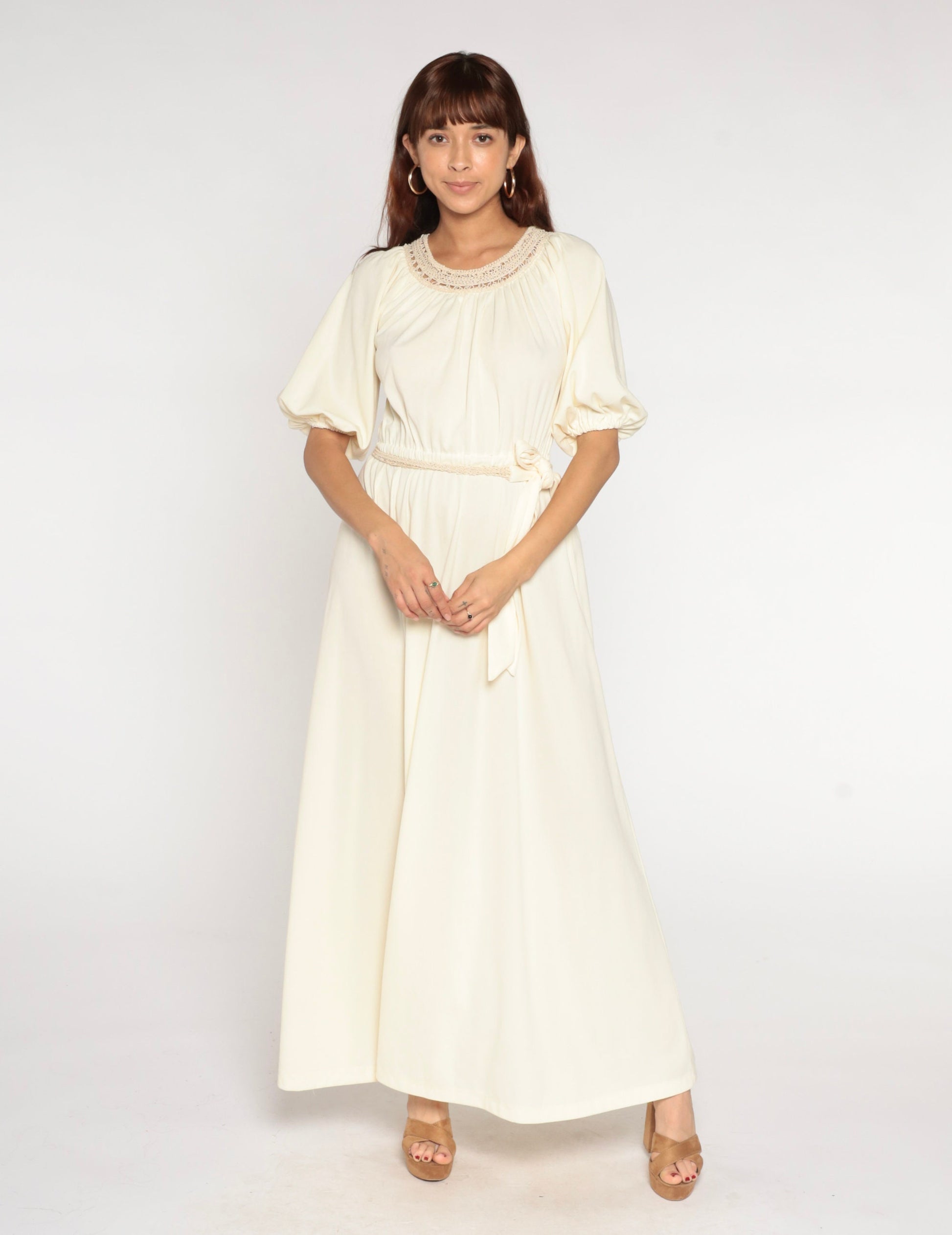 70s Cream Maxi Dress Crochet Trim High Waist Blouson Small