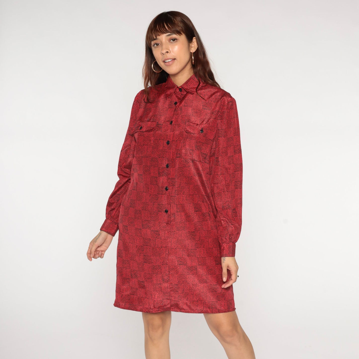 80s Red Black Checkered Mini Shirtdress Button Up Collar Long Sleeve Medium