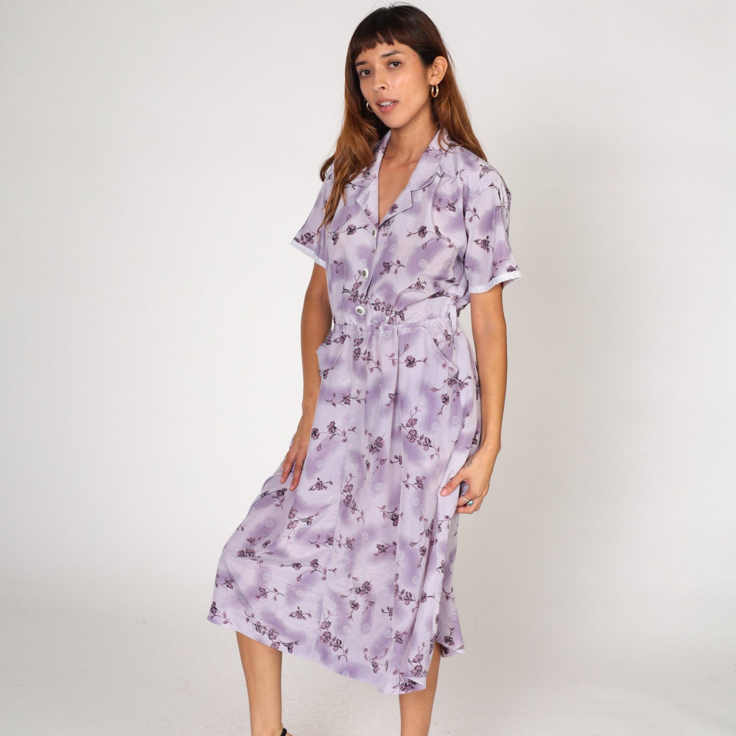 80s Purple Floral Midi Shirtdress High Waist Button Front Short Sleeve Medium Large
