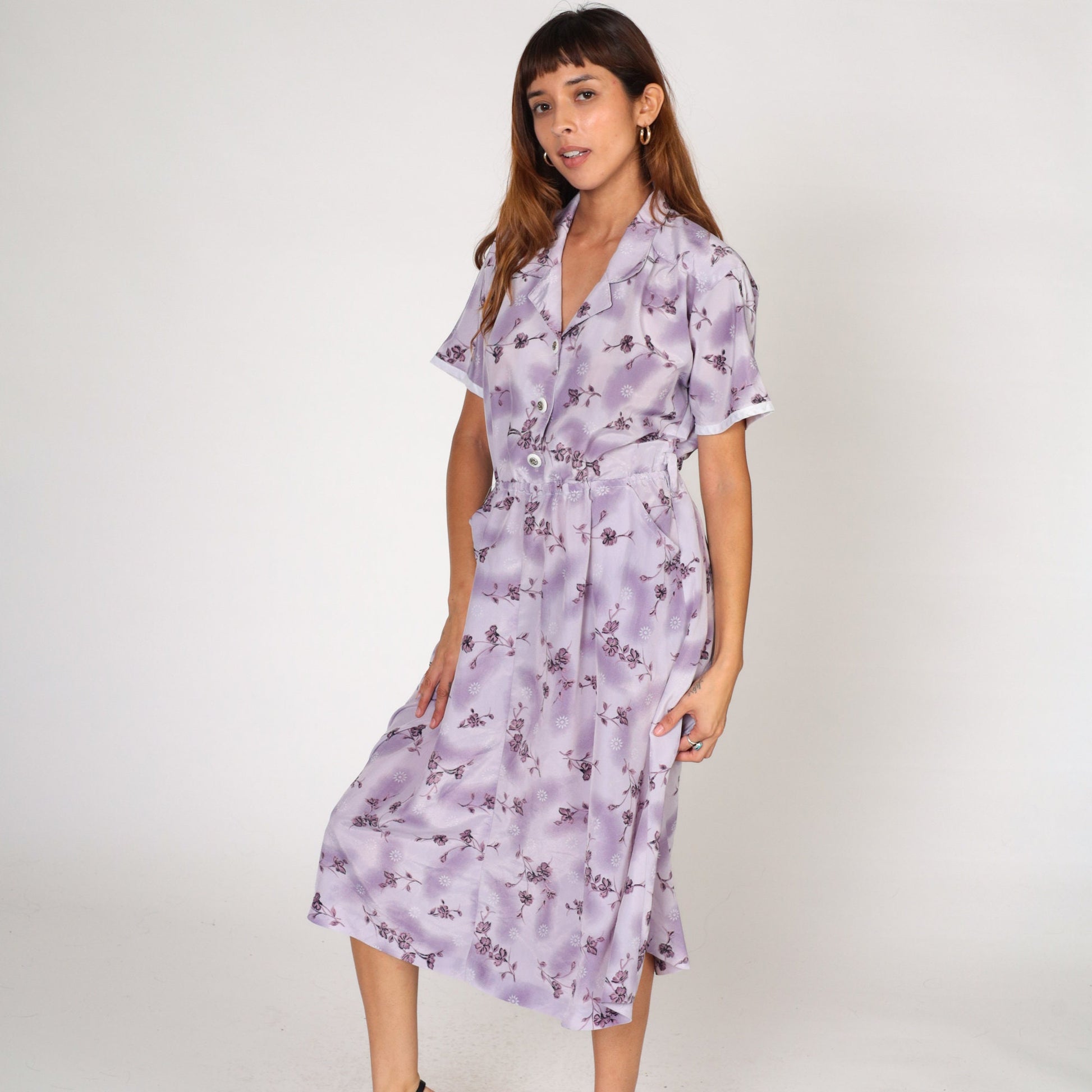 80s Purple Floral Midi Shirtdress High Waist Button Front Short Sleeve Medium Large