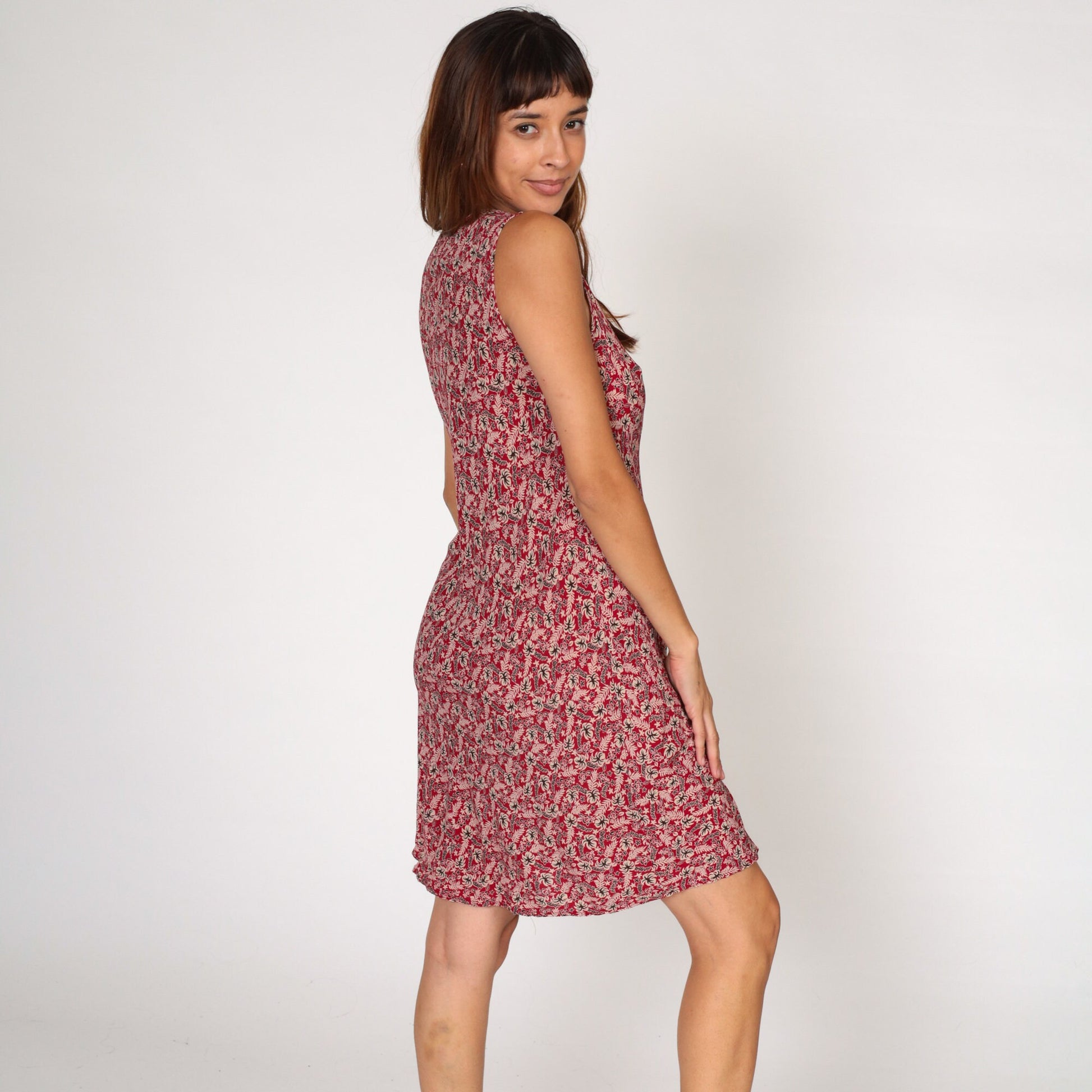 90s Hawaiian Floral Red Hibiscus Shift Dress Sleeveless Knee-Length Small