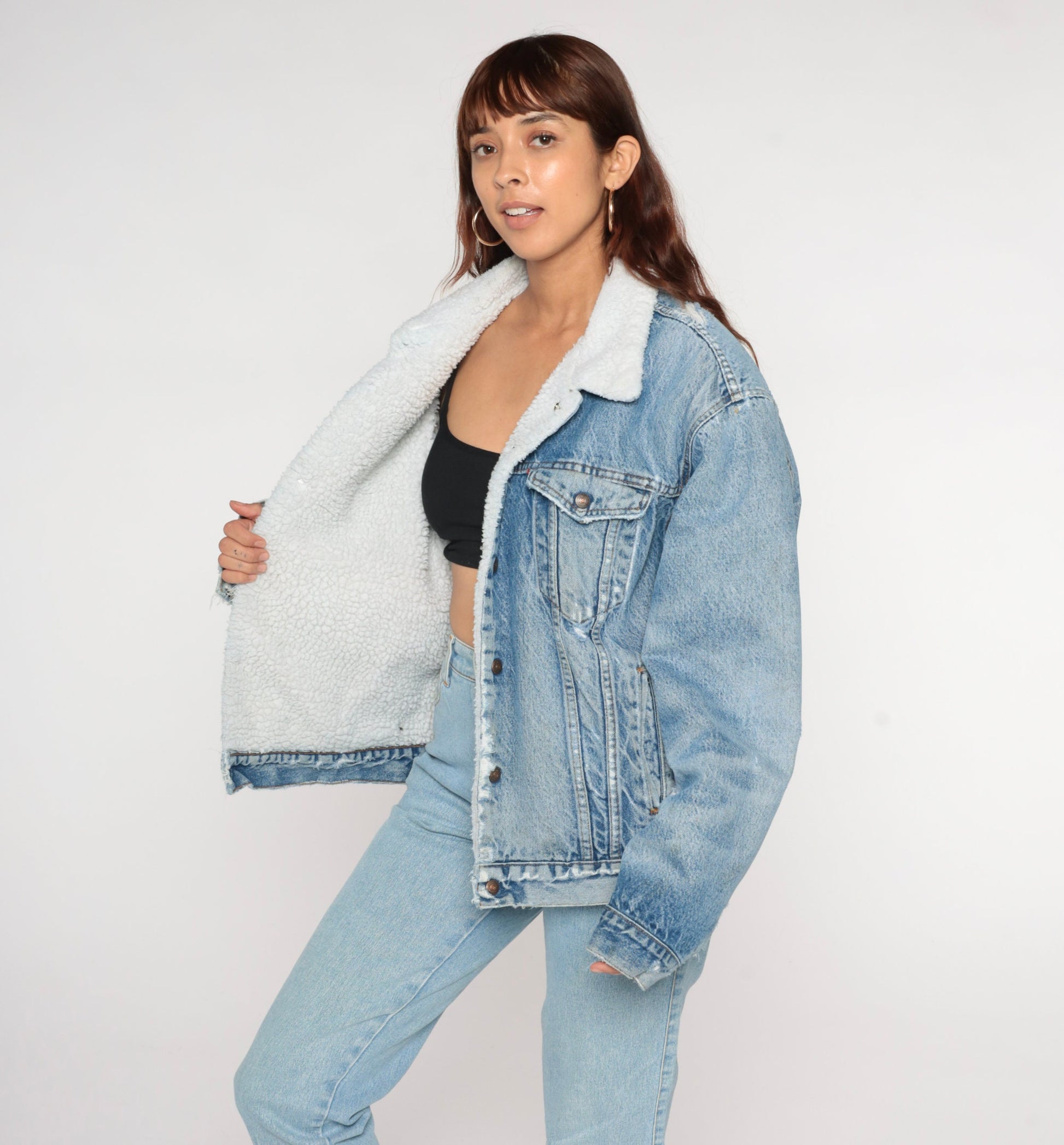 80s Levi's Sherpa Denim Jacket Blue Distressed Trucker Men's Large 44
