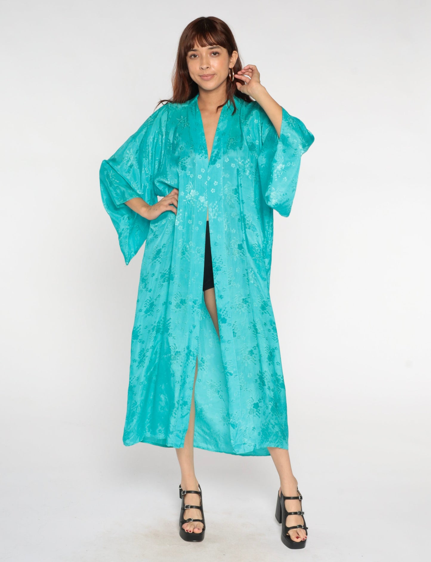 80s Dragon Embroidered Kimono Robe Turquoise Floral Maxi Small