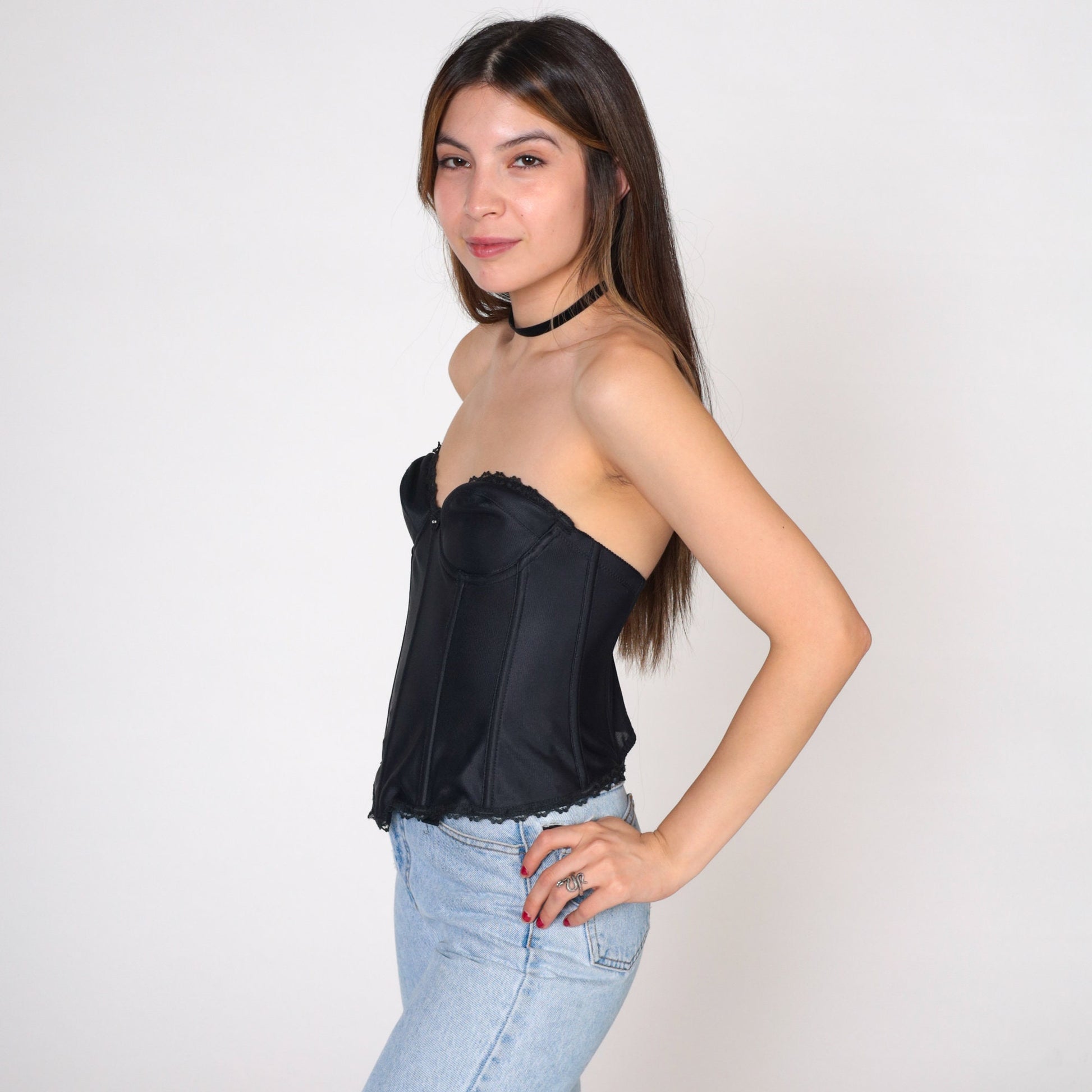 90s Black Lace Bustier Bra Top Underwire Sweetheart Neckline Small