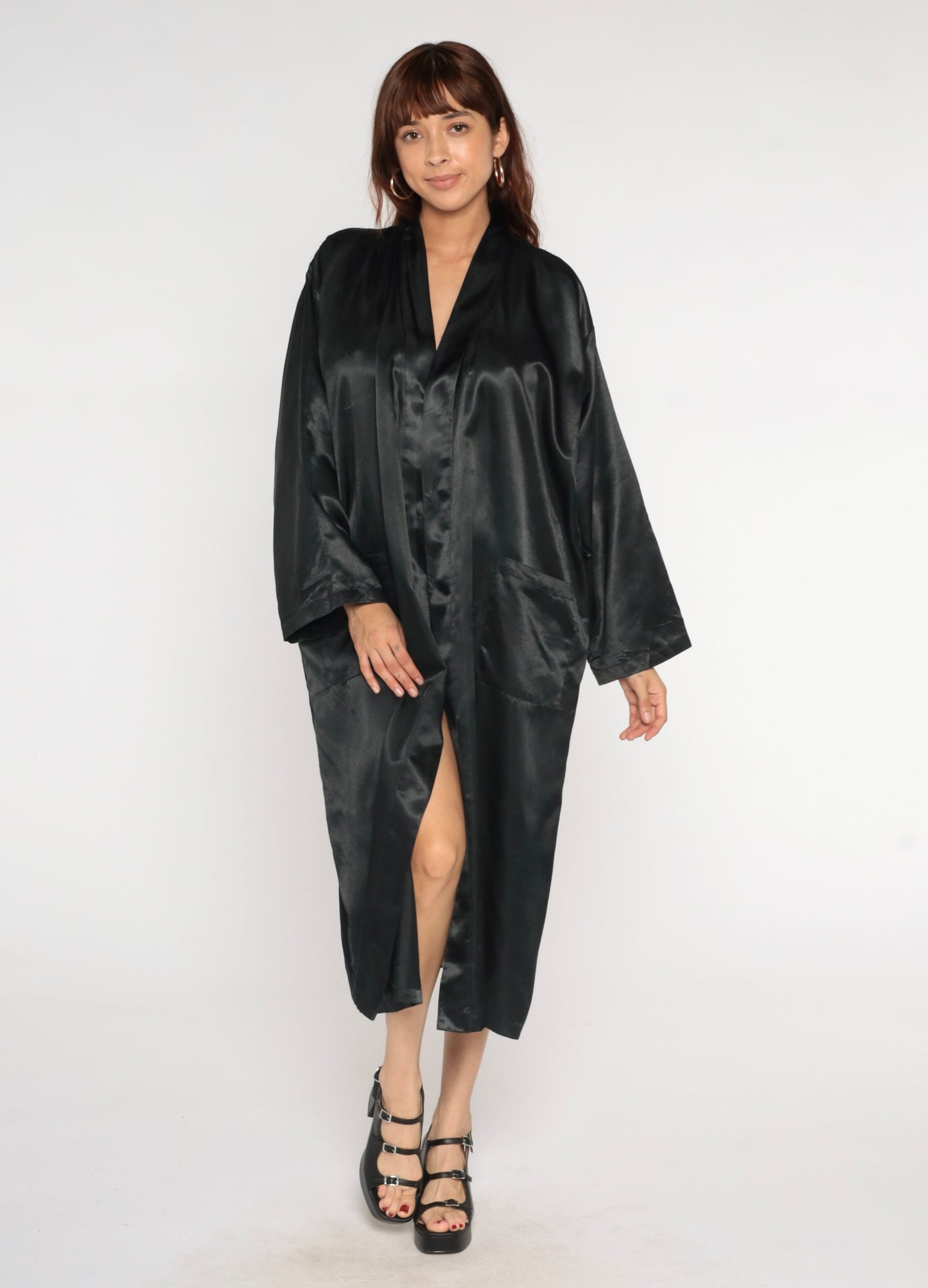 90s Black Satin Kimono Robe Floral Embroidered Open Front Maxi Medium