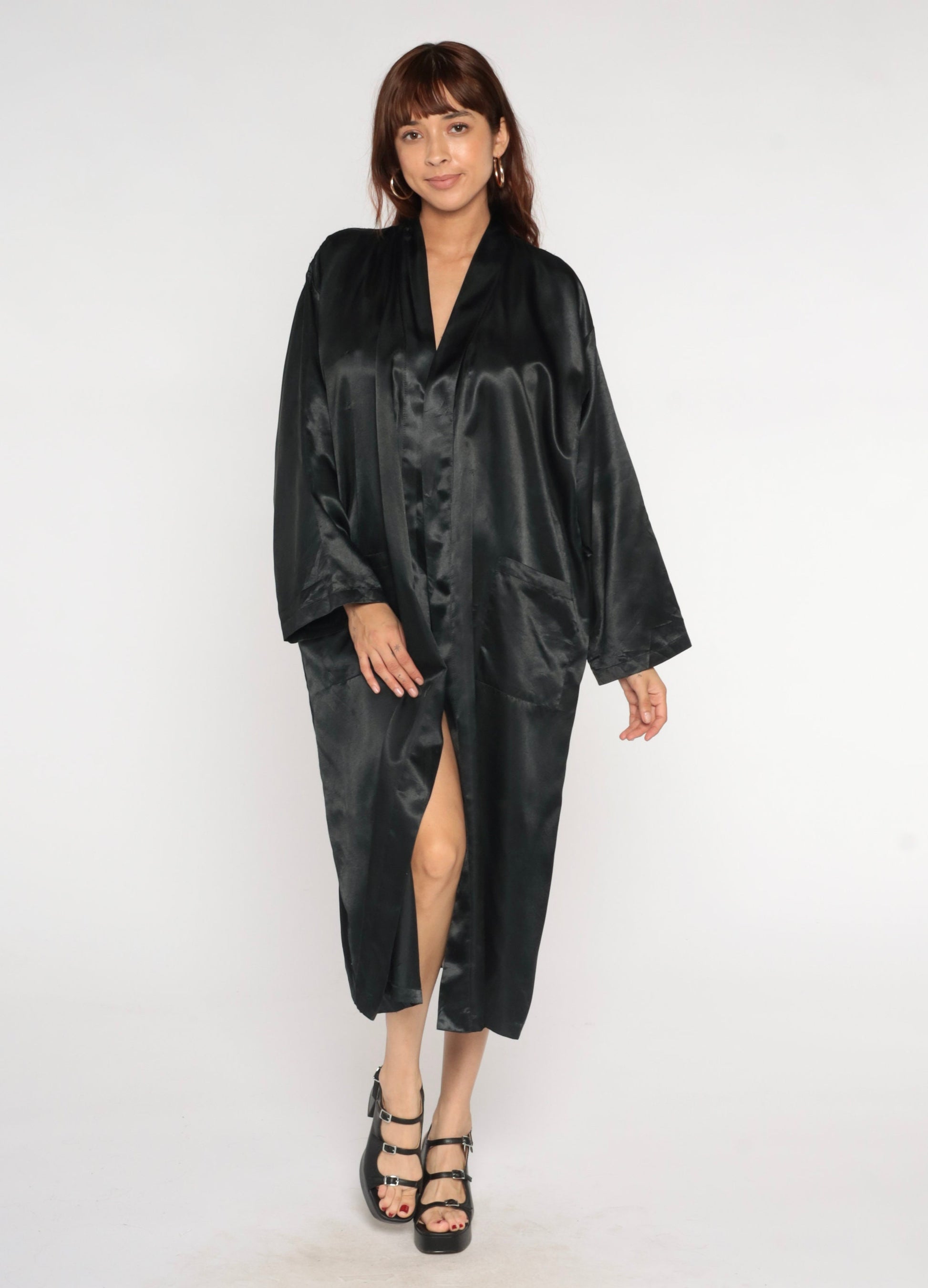 90s Black Satin Kimono Robe Floral Embroidered Open Front Maxi Medium