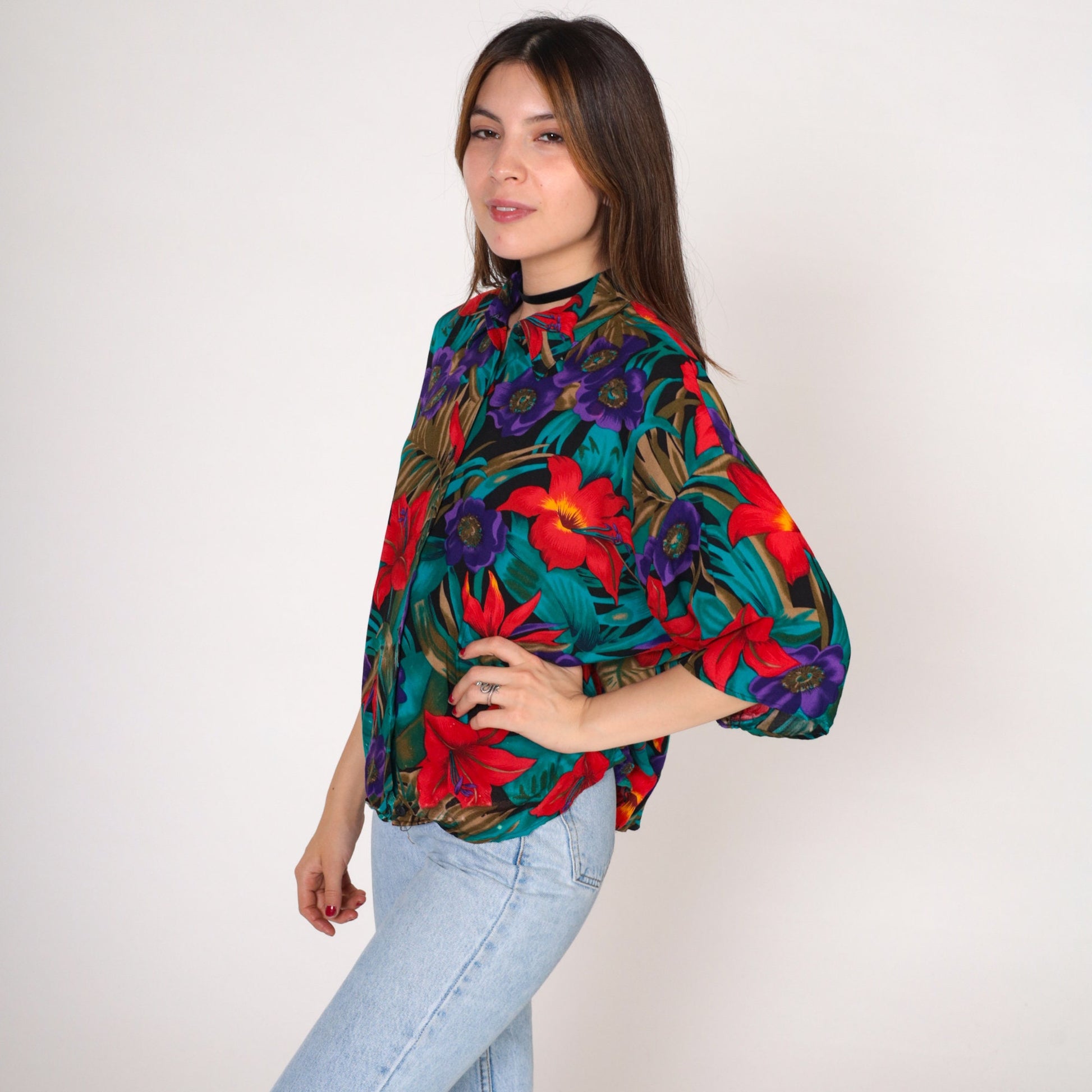 90s Avanti Tropical Floral Hibiscus Button-Up Shirt Purple Red Blue Large L