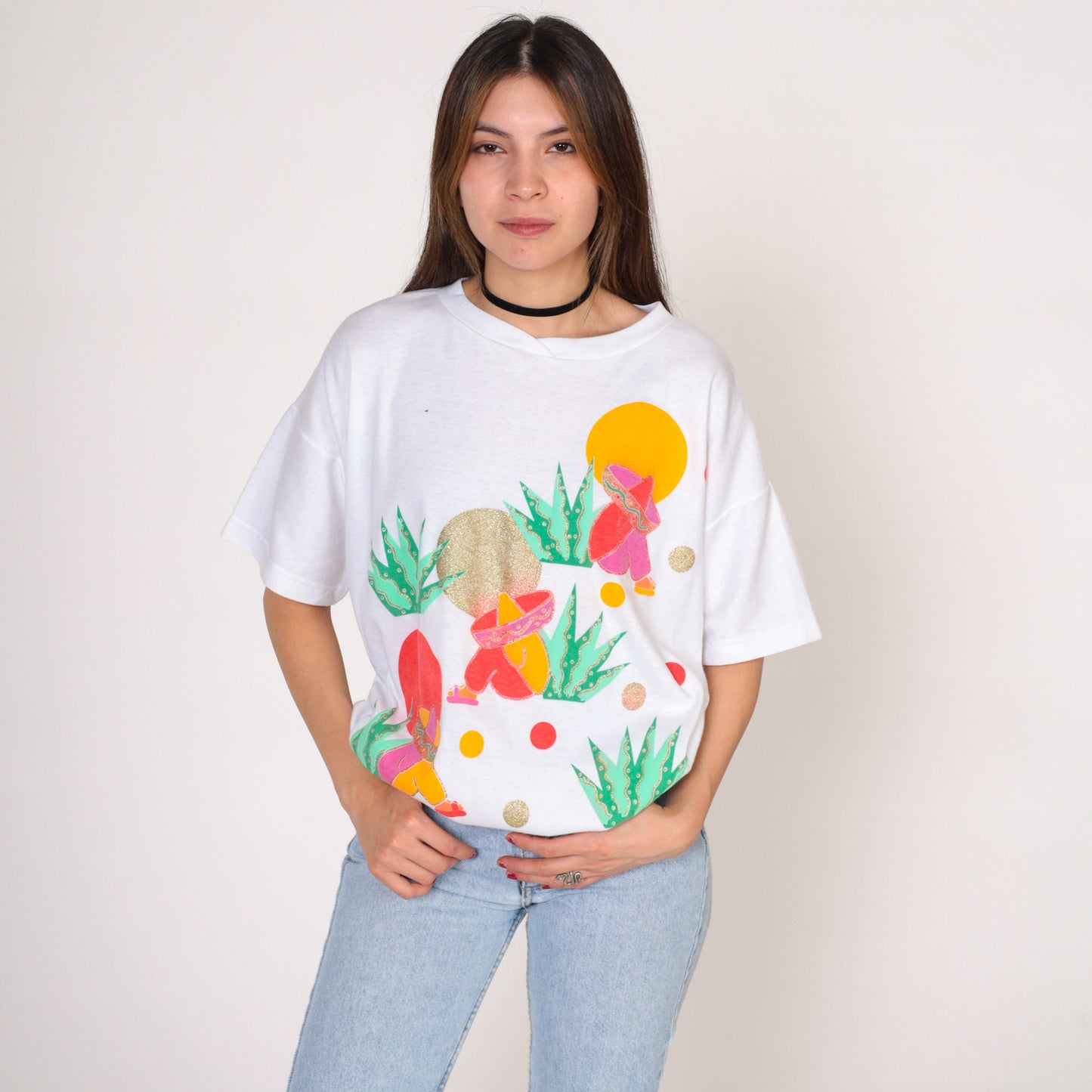 90s Jane Colby Art T-Shirt Sombrero Siesta Graphic White Cotton Large L
