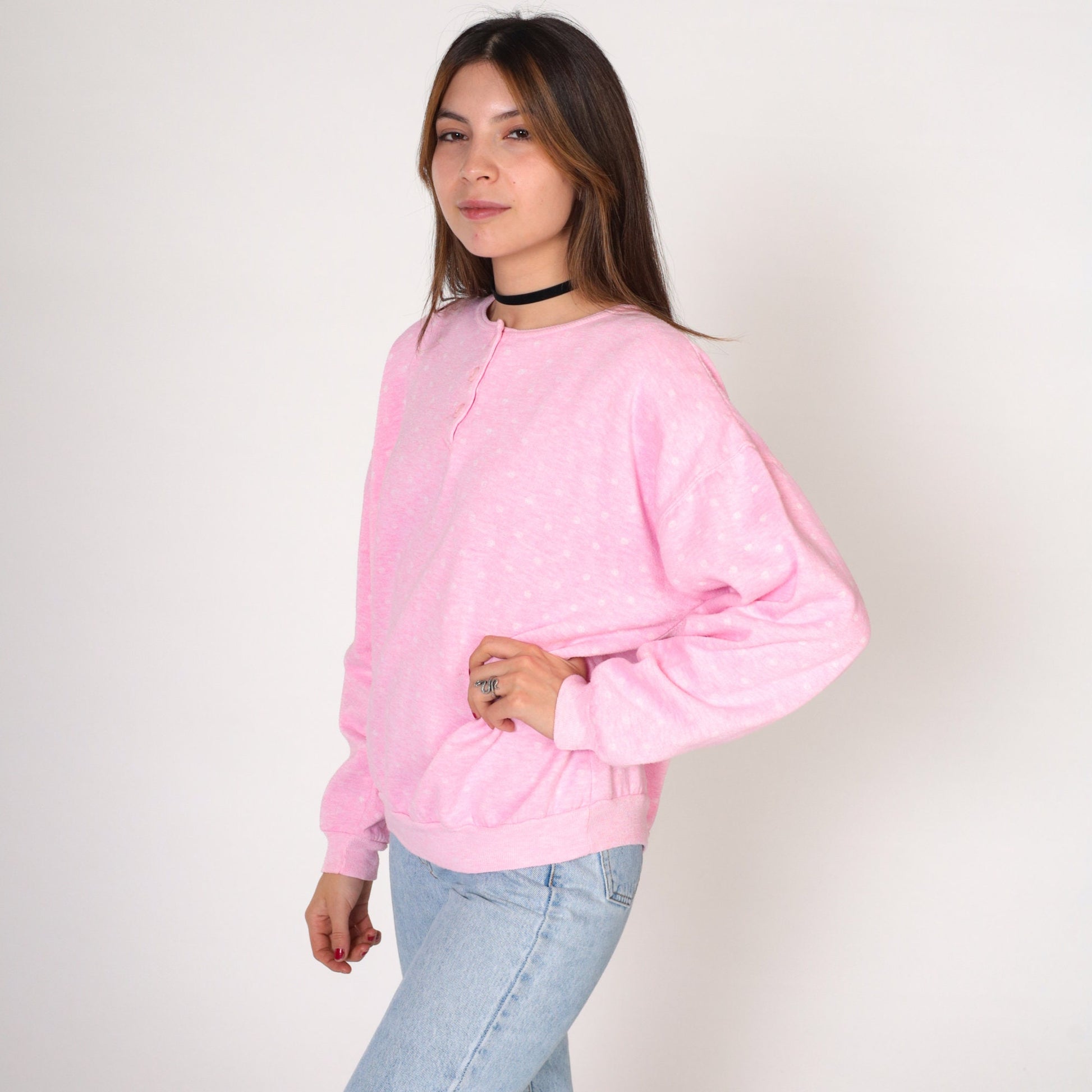 90s Polka Dot Henley Sweatshirt Pink White Quarter Button Long Sleeve Large L