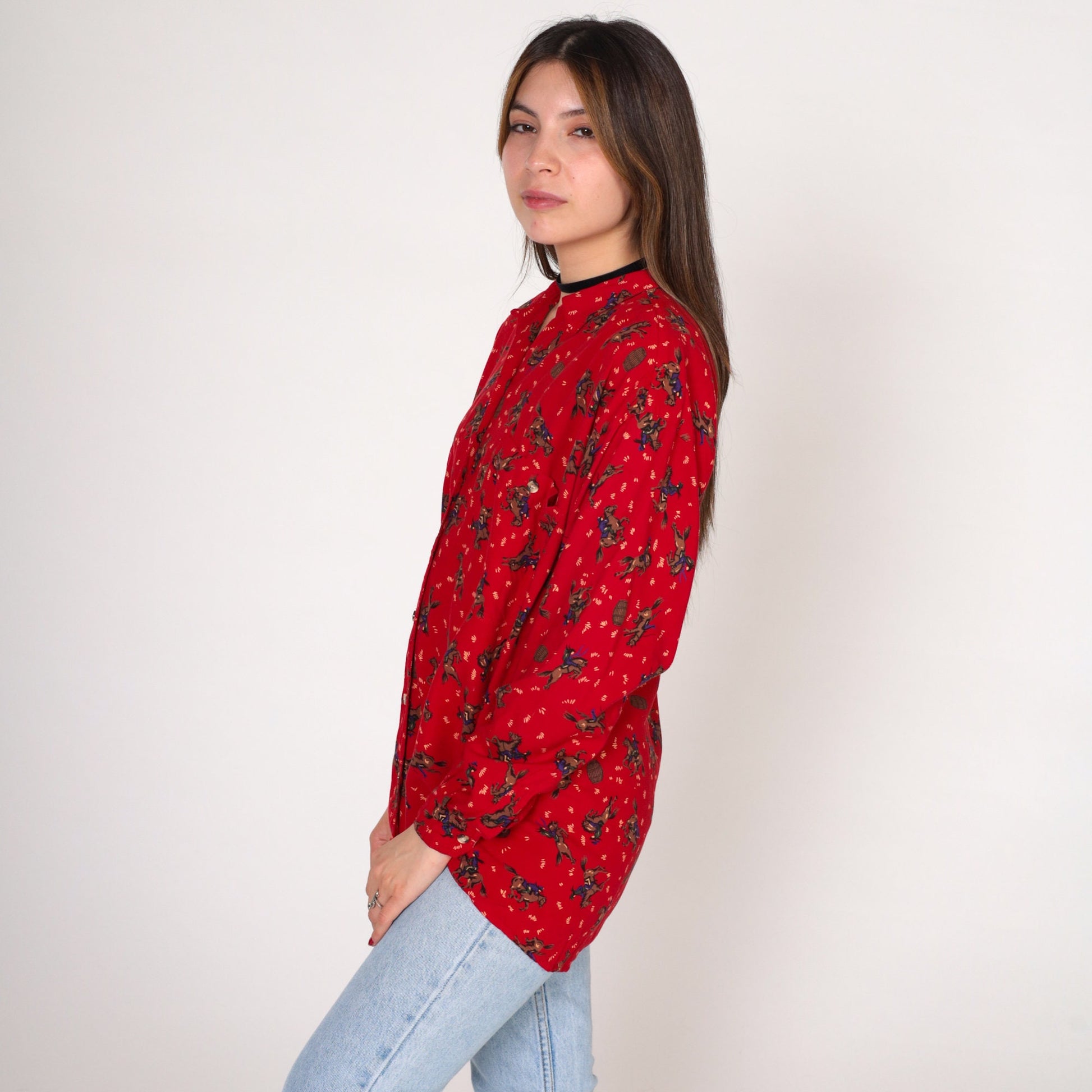 90s Ilio Rodeo Blouse Red Barrel Racing Bucking Bronco Print Button Up Medium M