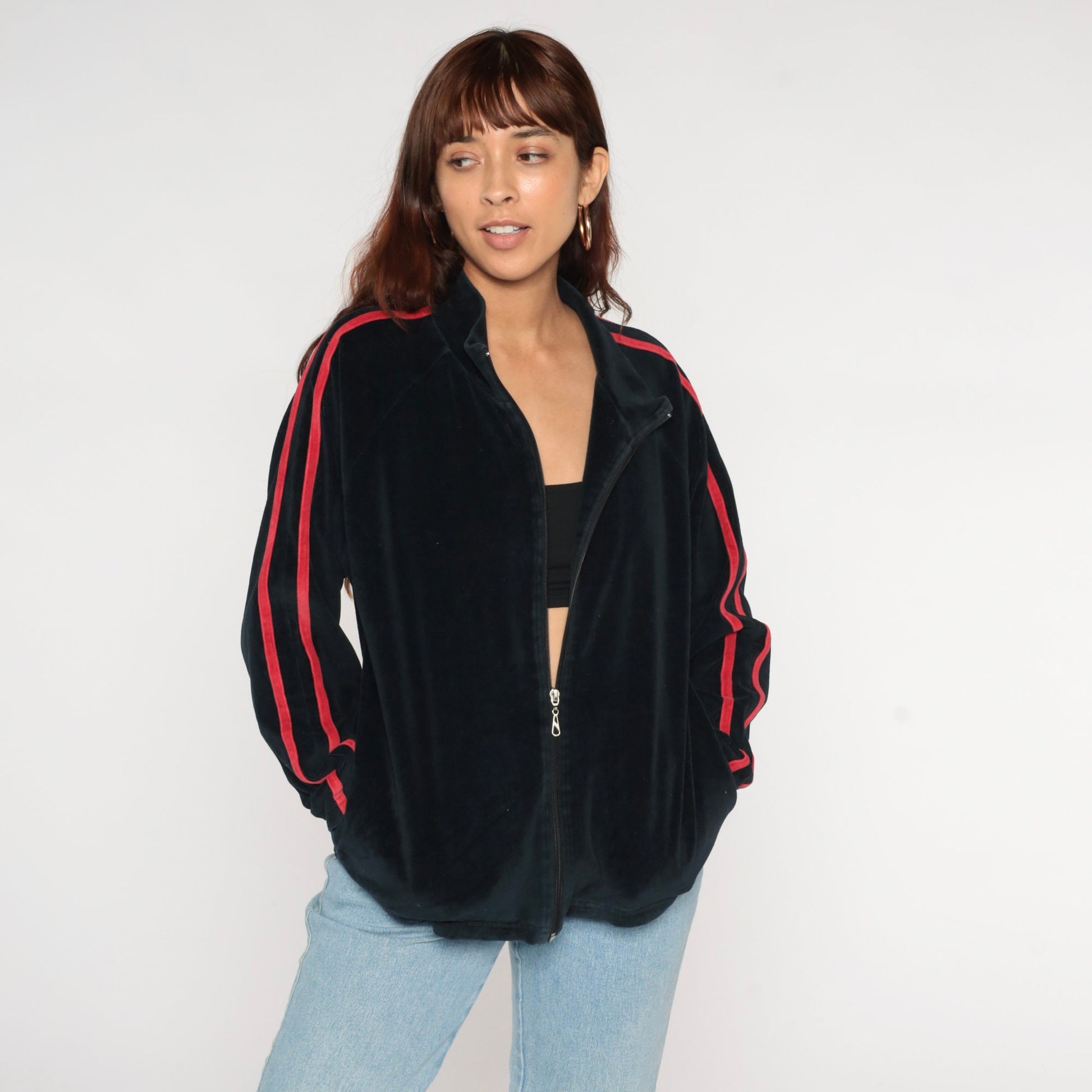 Y2K Black Velour Track Jacket Red Stripes Zip Up Medium