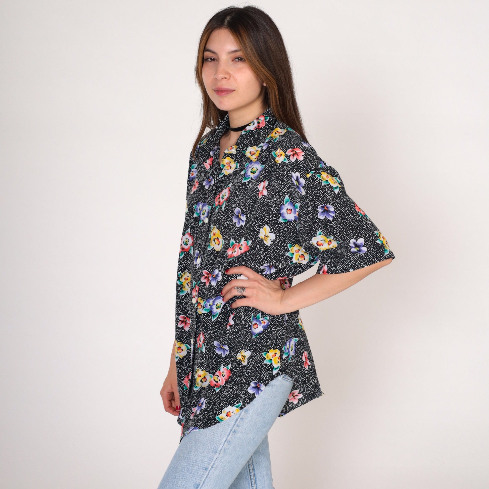 90s The Villager Polka Dot Floral Button-Up Blouse Black Short Sleeve Small