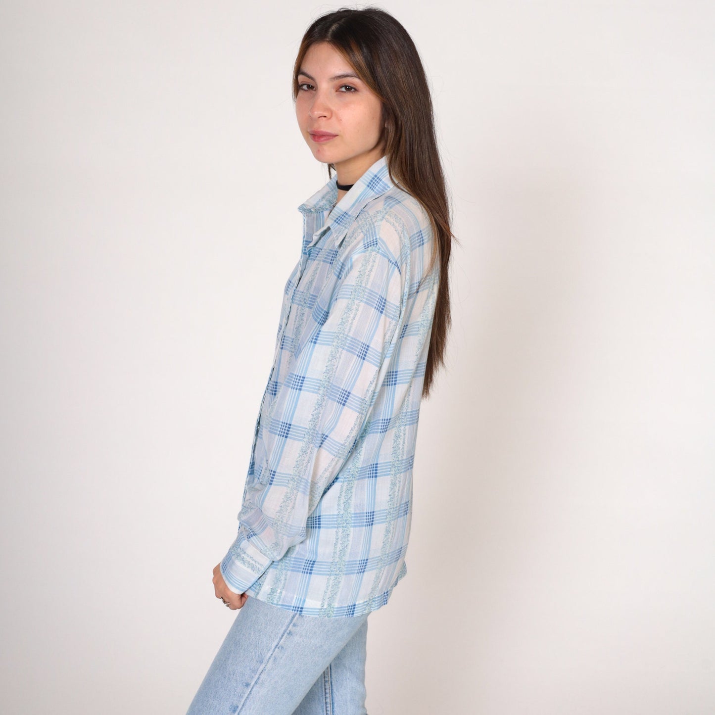 70s Checkered Floral Button-Up Blouse White Blue Plaid Long Sleeve Large L