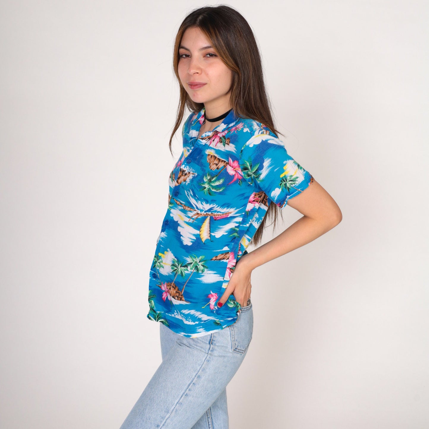 90s Blue Tropical Hawaiian Shirt Button-Up Blouse Floral Print Extra Small