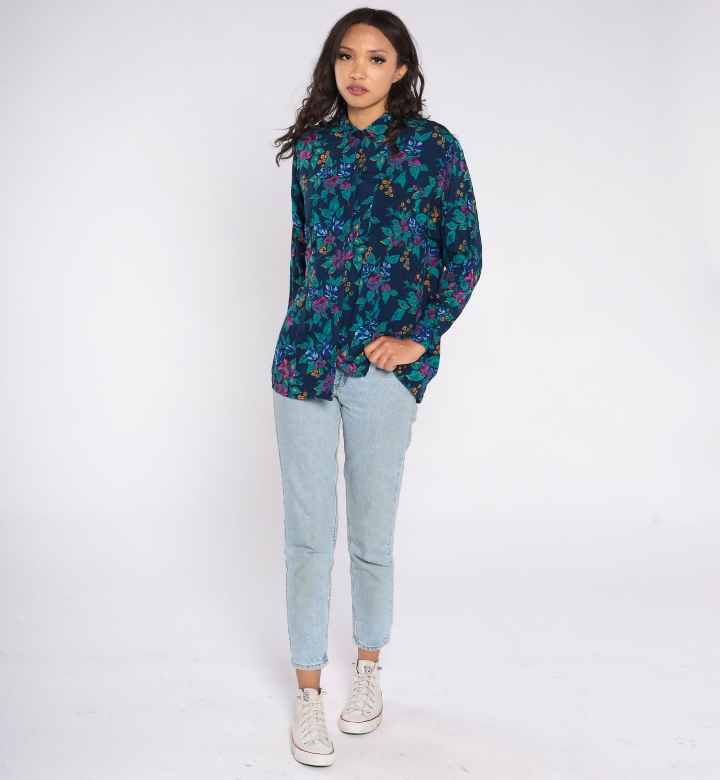 90s Floral Rayon Blouse Navy Blue Button Up Shirt Long Sleeve Medium