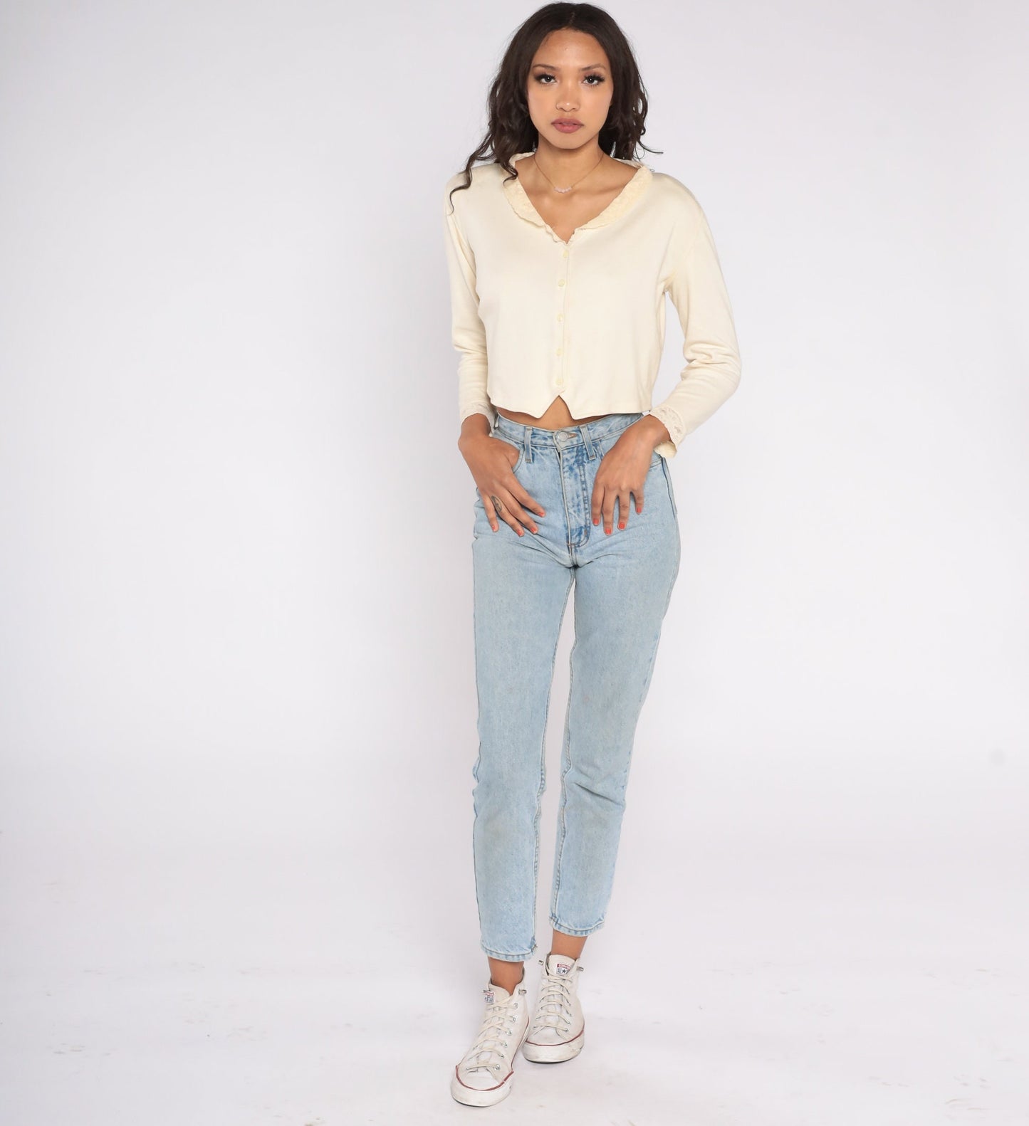 90s Cream Lace Trim Cropped Blouse Button Up Long Sleeve Small Medium