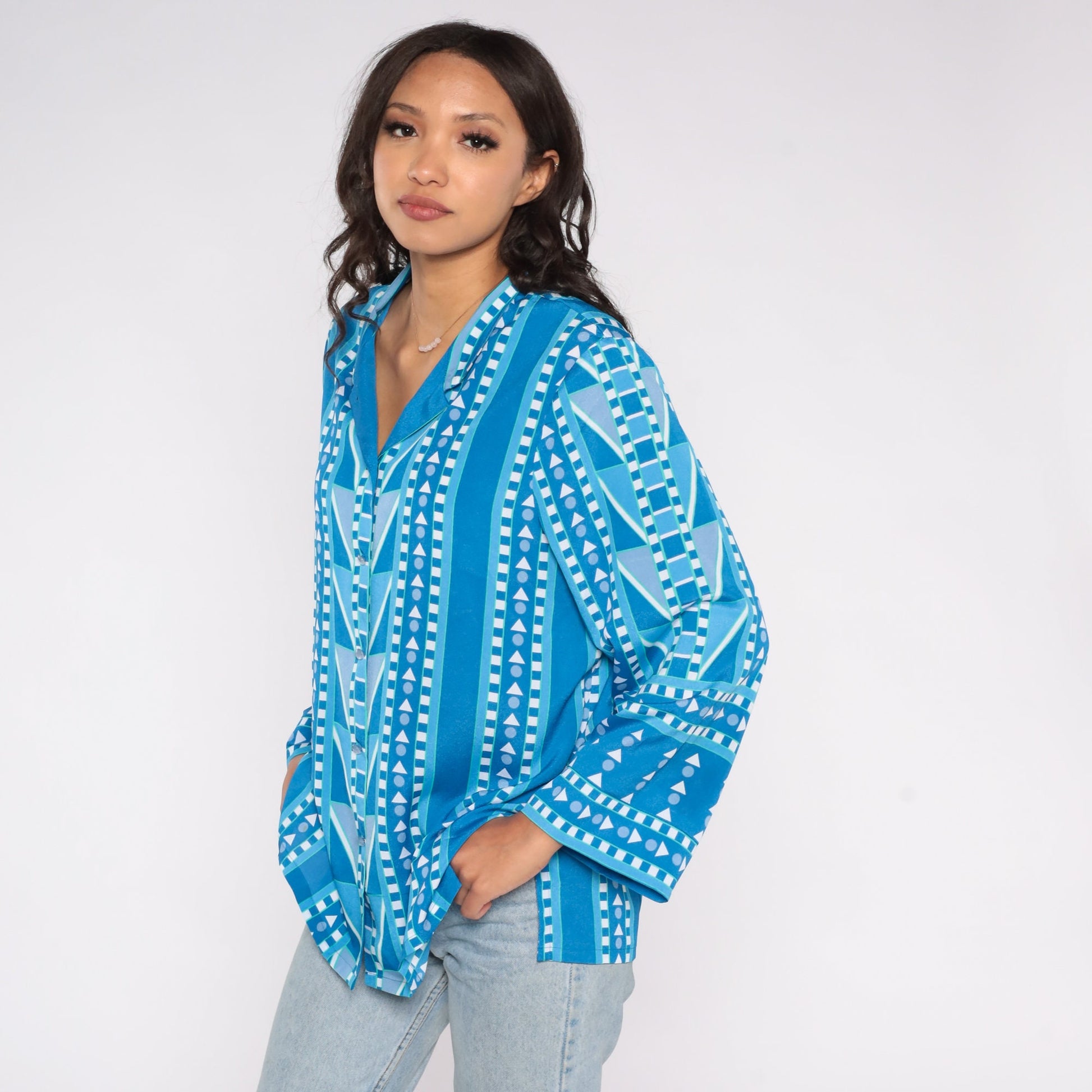 90s Bob Mackie Geometric Print Button-Up Blouse Blue Large